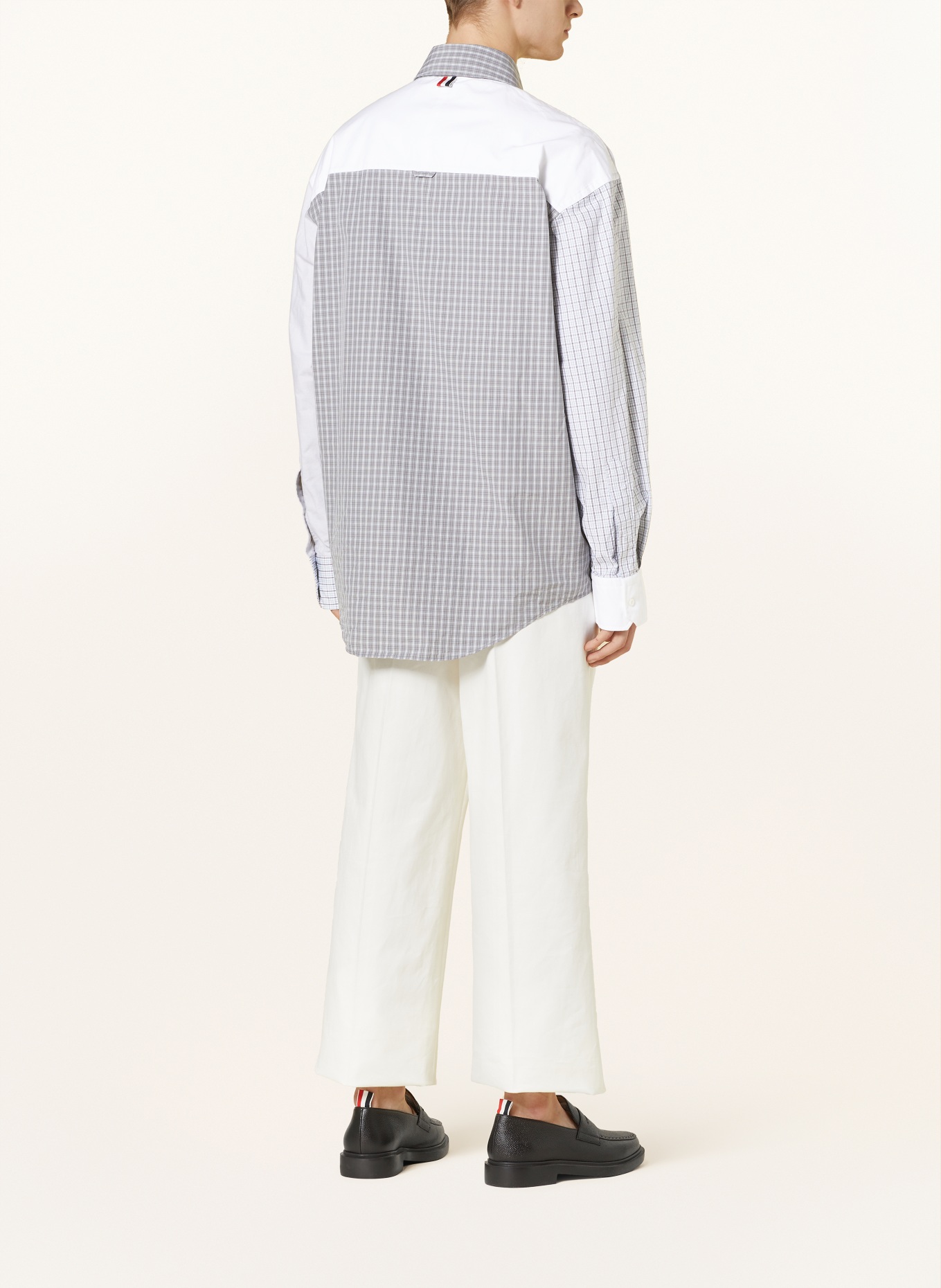 THOM BROWNE. Shirt oversized fit in mixed materials, Color: WHITE/ LIGHT GRAY/ OLIVE (Image 3)