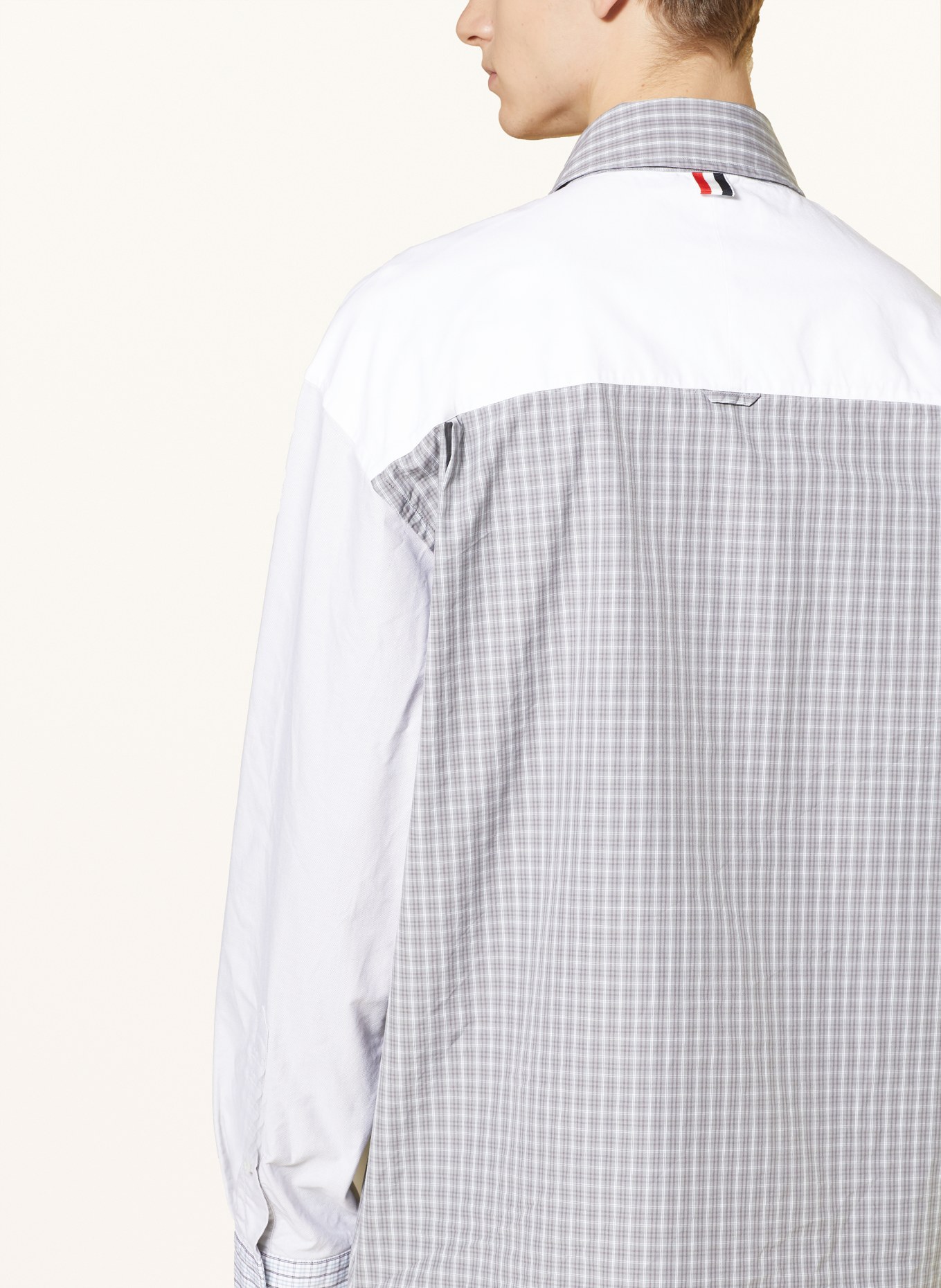 THOM BROWNE. Shirt oversized fit in mixed materials, Color: WHITE/ LIGHT GRAY/ OLIVE (Image 4)