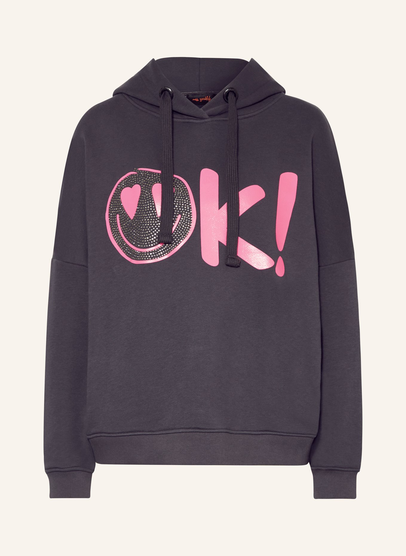 miss goodlife Hoodie with decorative gems, Color: DARK GRAY/ NEON PINK (Image 1)
