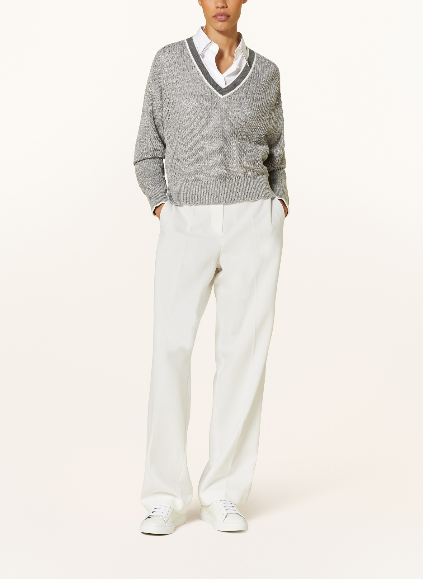 BRUNELLO CUCINELLI Sweter z lnu z cekinami, Kolor: SZARY/ BIAŁY (Obrazek 2)