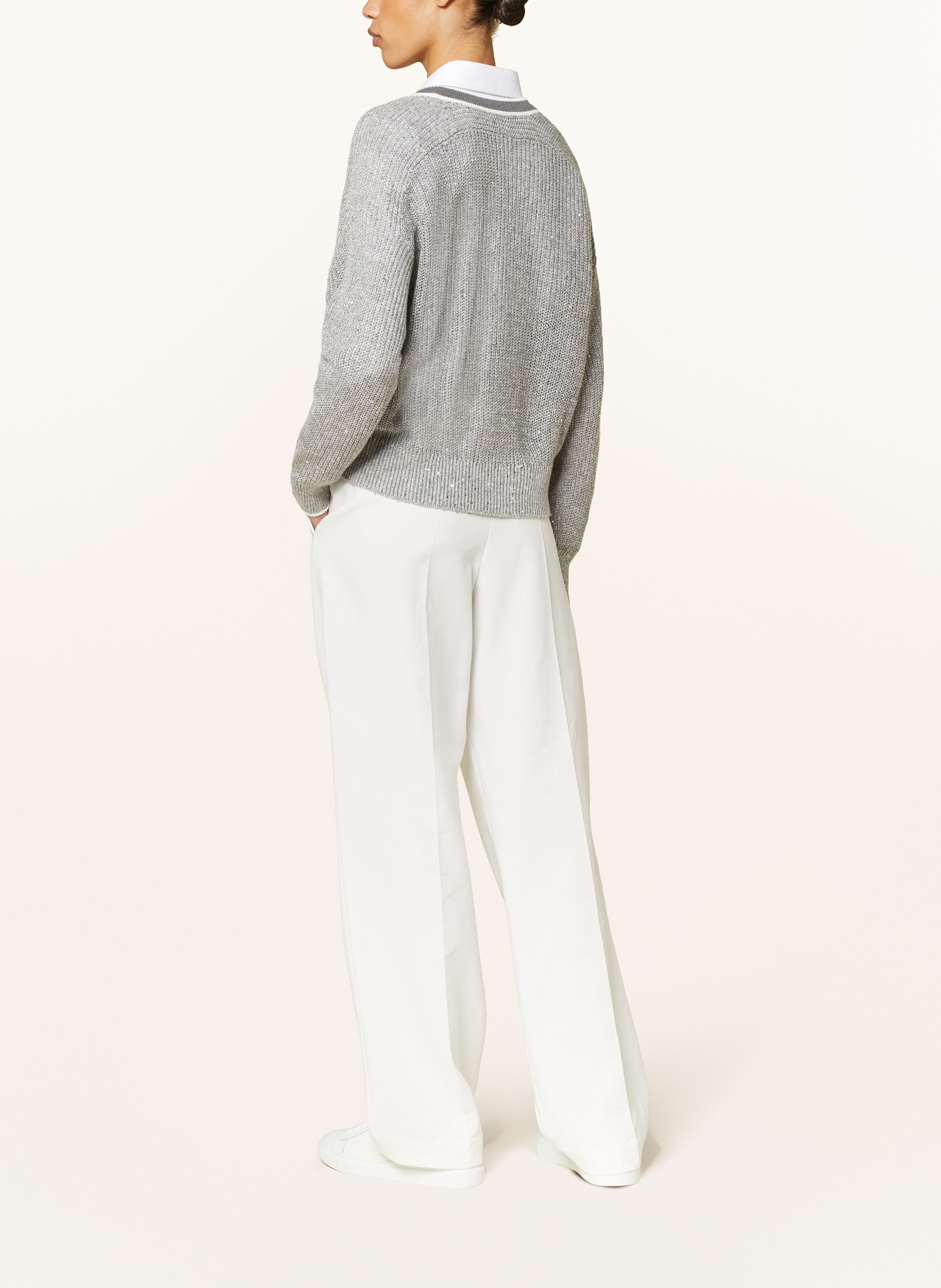 BRUNELLO CUCINELLI Sweter z lnu z cekinami, Kolor: SZARY/ BIAŁY (Obrazek 3)