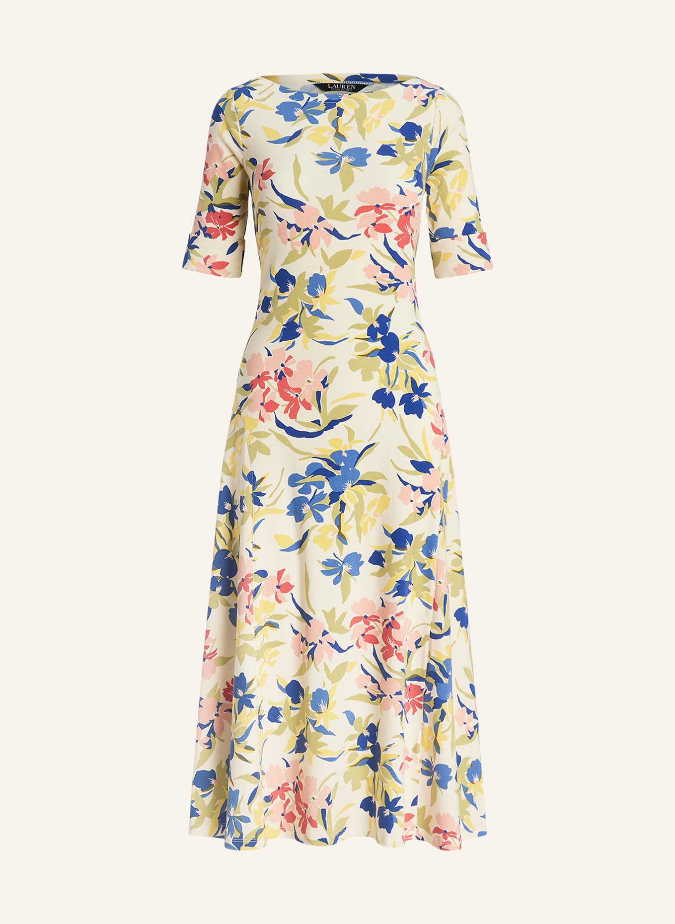 LAUREN RALPH LAUREN Kleid mit 3/4-Arm, Farbe: HELLGELB/ DUNKELBLAU/ HELLROT (Bild 1)