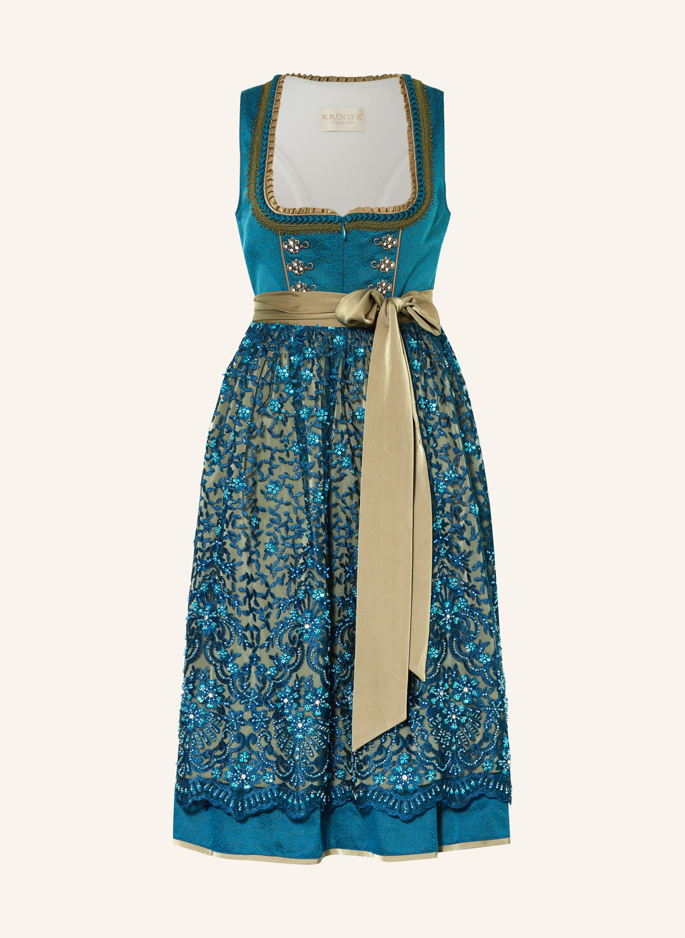KRÜGER Sukienka bawarska z ozdobnymi perełkami i kamykami ozdobnymi, Kolor: PETROL/ KHAKI (Obrazek 1)