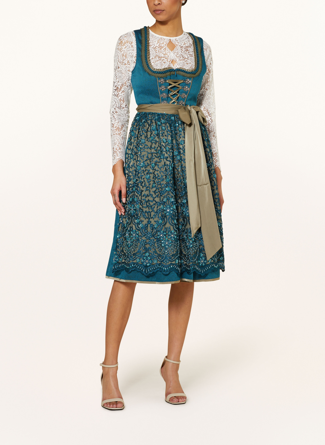 KRÜGER Sukienka bawarska z ozdobnymi perełkami i kamykami ozdobnymi, Kolor: PETROL/ KHAKI (Obrazek 2)