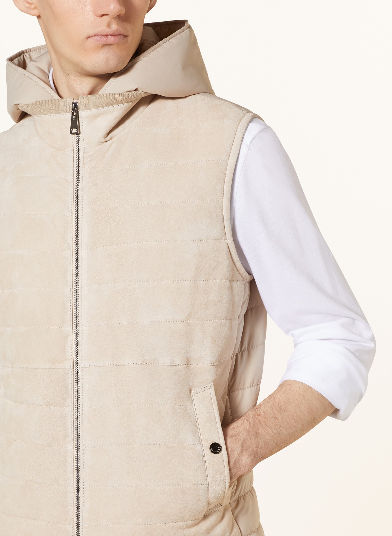 manzoni 24 Quilted vest in mixed materials with detachable hood, Color: BEIGE (Image 5)