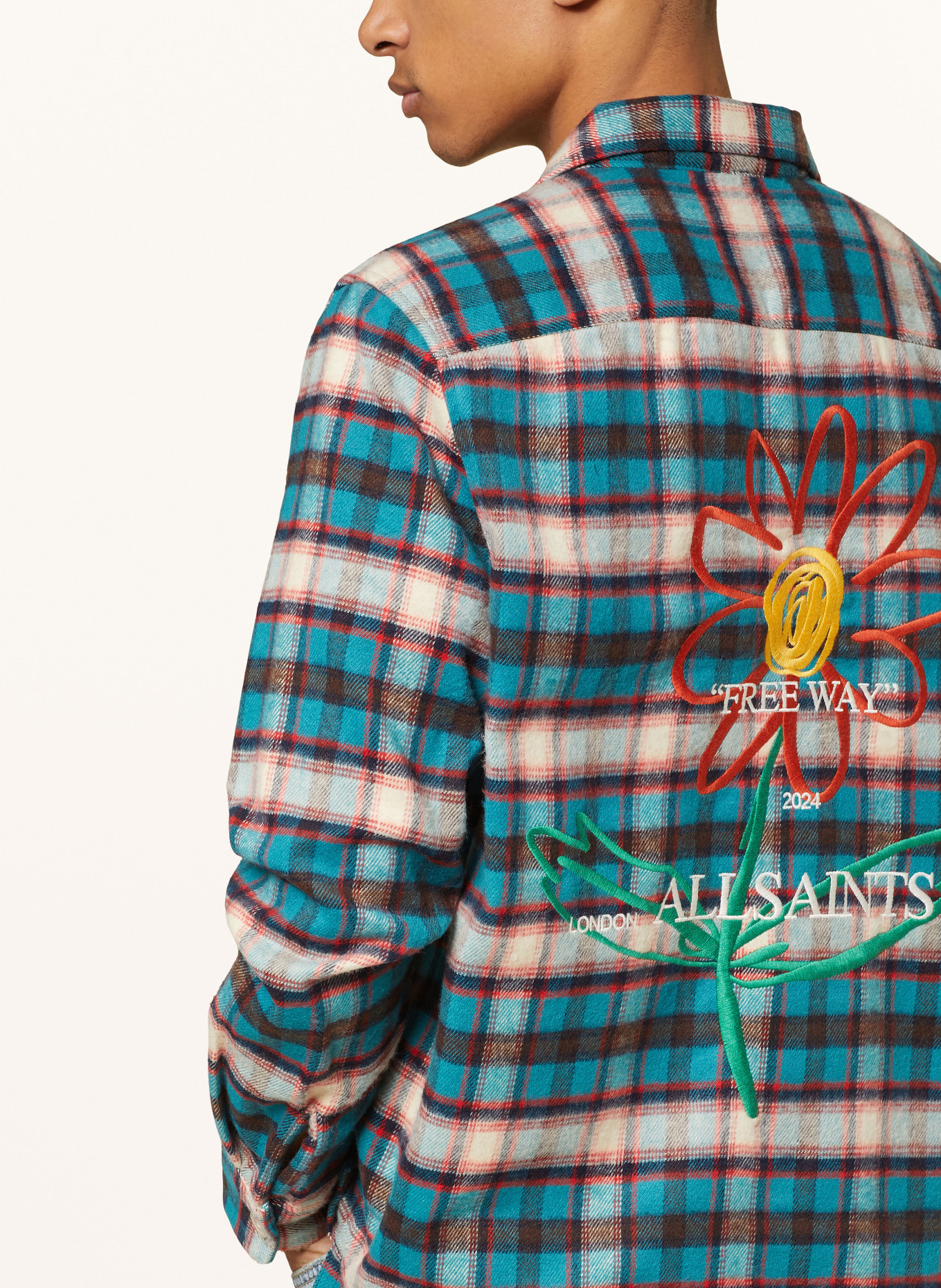 ALLSAINTS Flanellhemd CRAYO Relaxed Fit, Farbe: TÜRKIS/ ORANGE/ CREME (Bild 4)