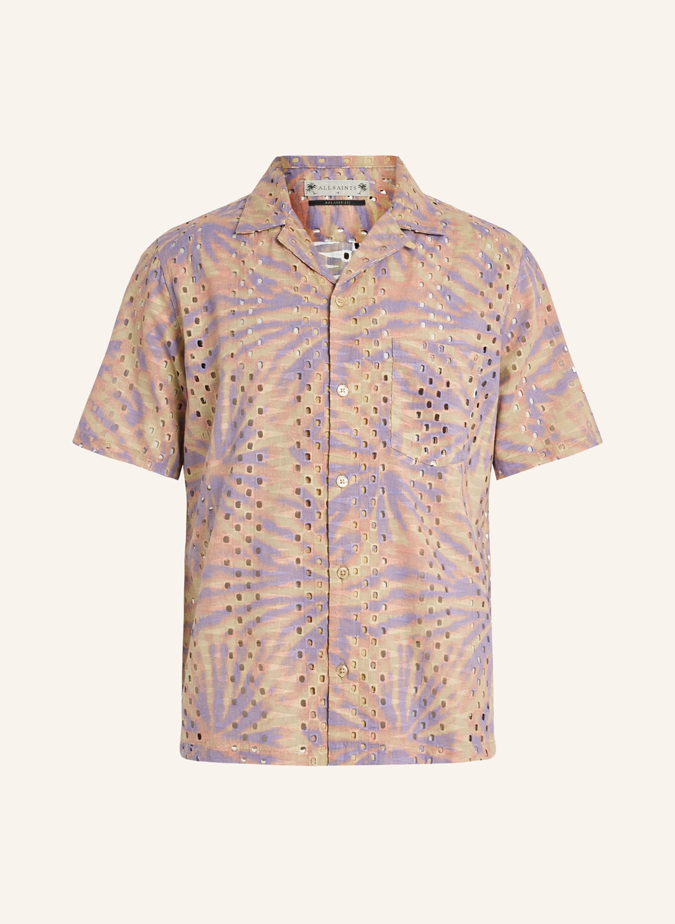 ALLSAINTS Resort shirt YUCCA relaxed fit with broderie anglaise, Color: DARK YELLOW/ PURPLE/ DARK ORANGE (Image 1)