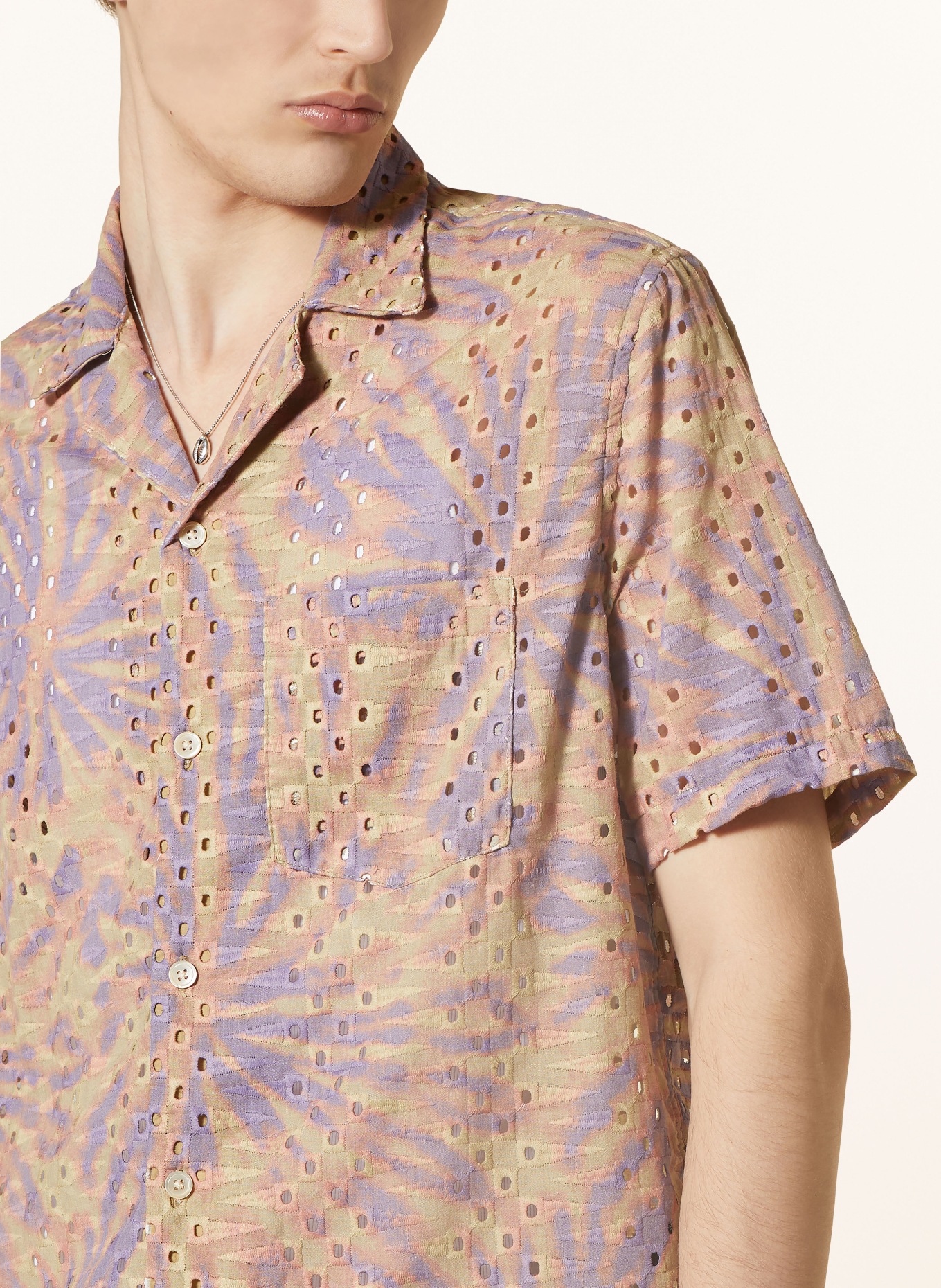 ALLSAINTS Resort shirt YUCCA relaxed fit with broderie anglaise, Color: DARK YELLOW/ PURPLE/ DARK ORANGE (Image 4)