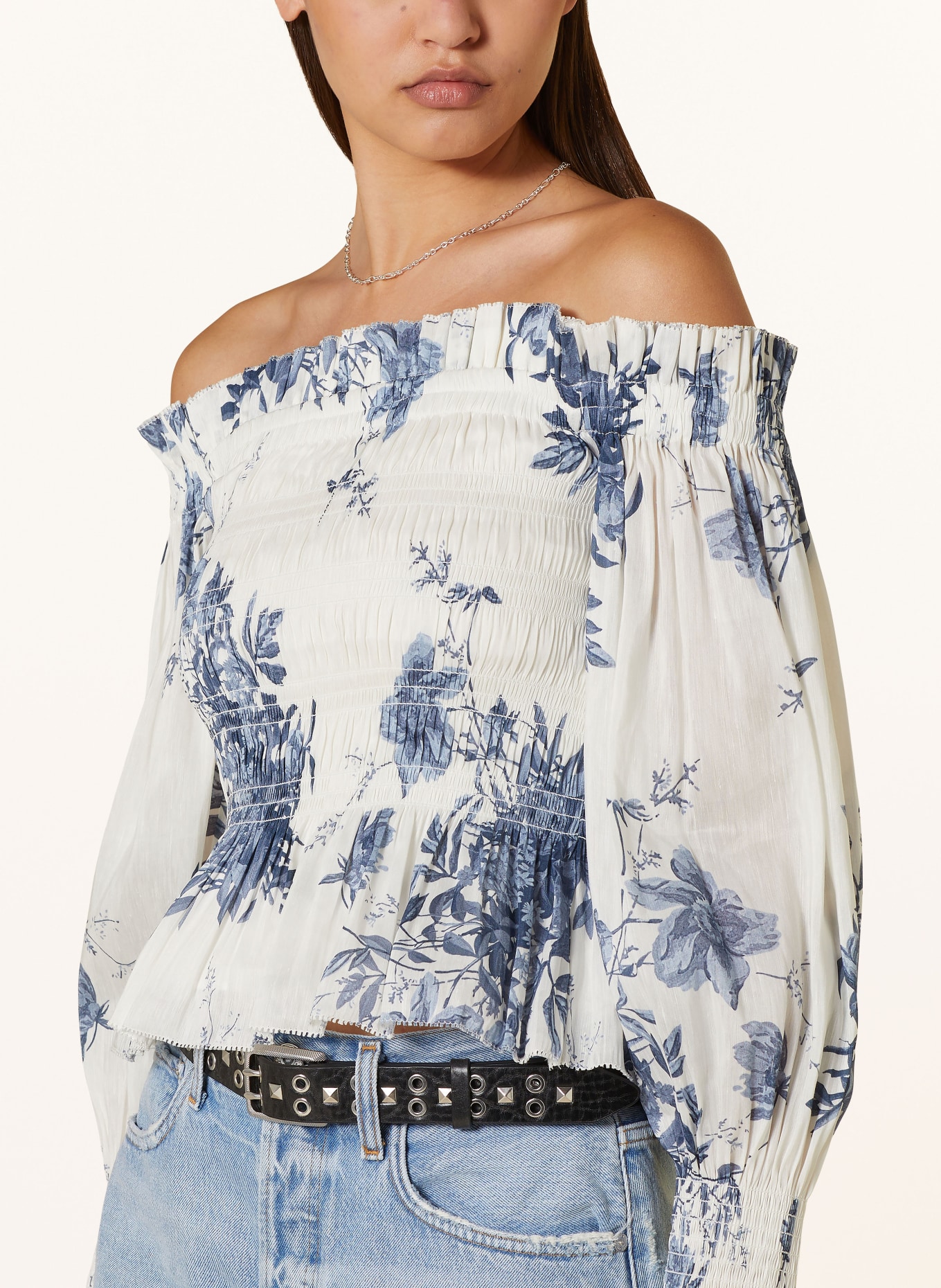 ALLSAINTS Off-the-shoulder blouse LARA DEKORAH in linen, Color: WHITE/ BLUE/ DARK BLUE (Image 4)