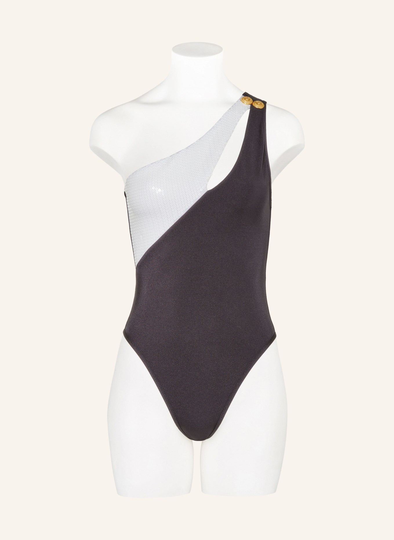 BALMAIN One-shoulder swimsuit with sequins, Color: WHITE/ BLACK (Image 2)
