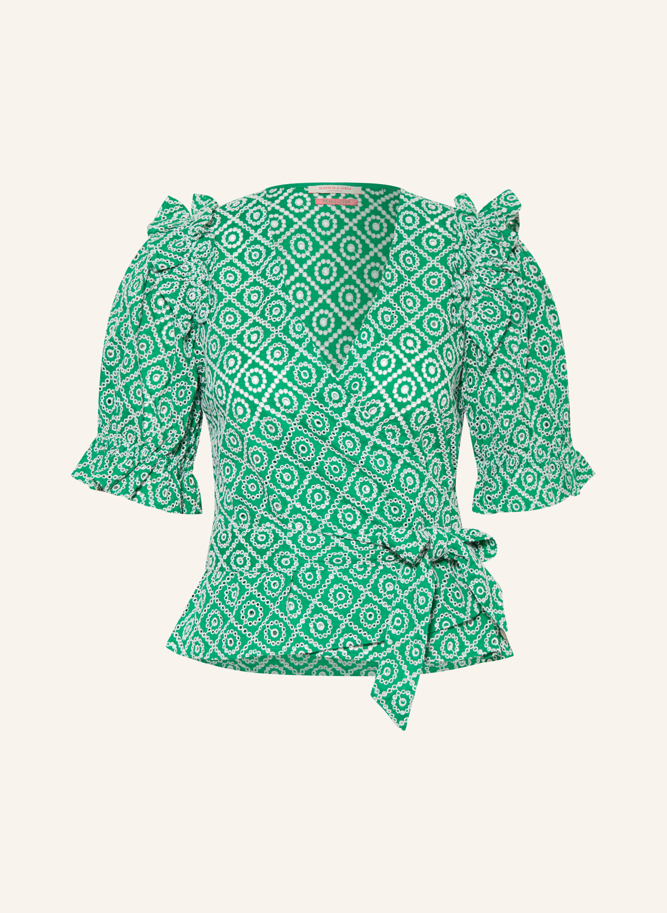 SCOTCH & SODA Wrap blouse in broderie anglaise, Color: GREEN/ WHITE (Image 1)