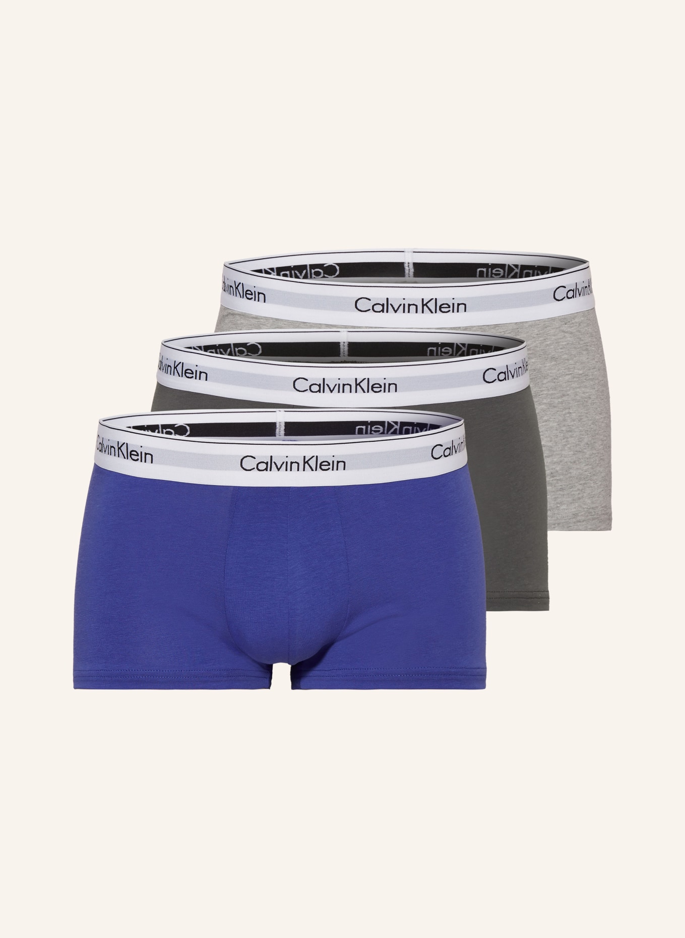 Calvin Klein Boxerky MODERN COTTON STRETCH Low Rise, 3 kusy v balení, Barva: MODRÁ/ ŠEDÁ/ SVĚTLE ŠEDÁ (Obrázek 1)
