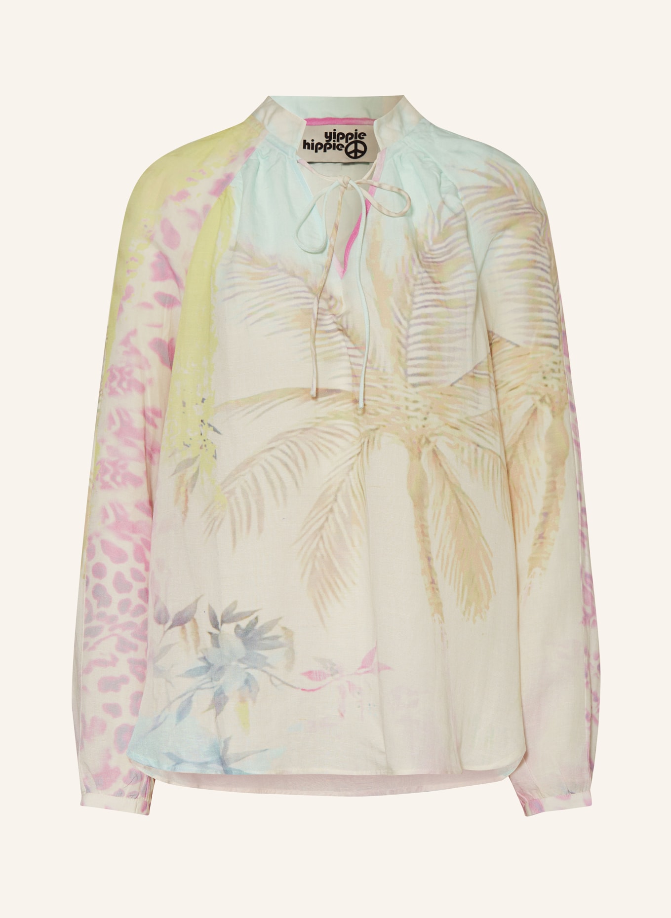 yippie hippie Shirt blouse with linen, Color: WHITE/ LIGHT YELLOW/ MINT (Image 1)