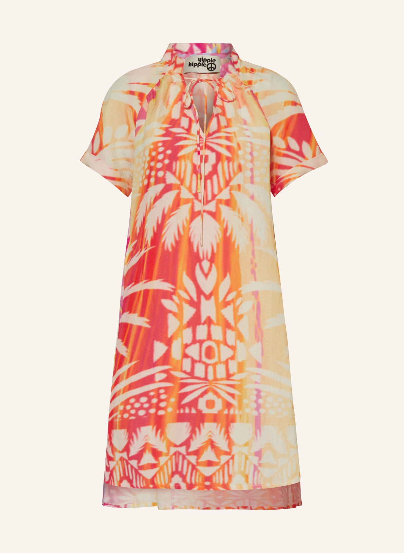 yippie hippie Dress with linen, Color: WHITE/ ORANGE/ PINK (Image 1)