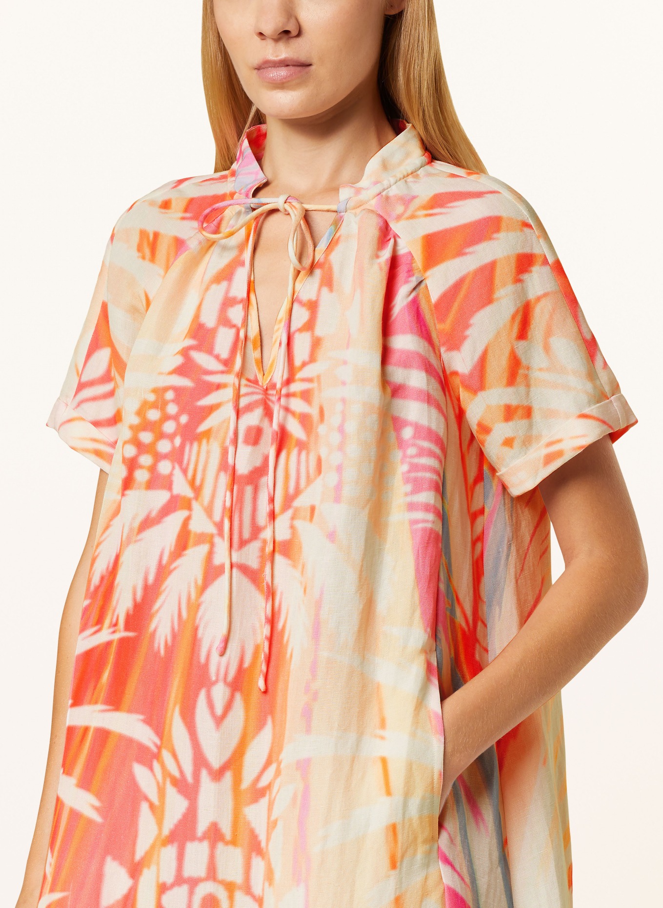 yippie hippie Dress with linen, Color: WHITE/ ORANGE/ PINK (Image 4)