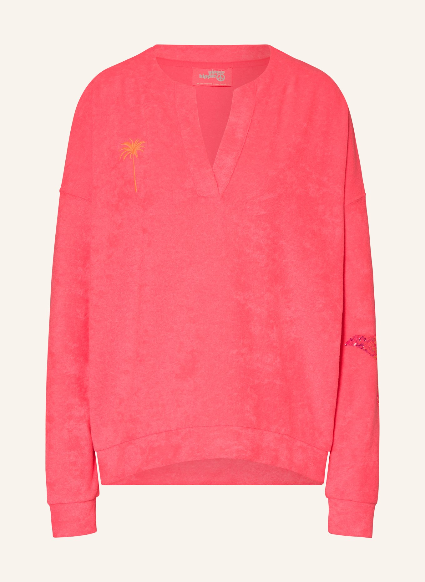 yippie hippie Long sleeve shirt made of terry cloth with sequins, Color: NEON PINK (Image 1)