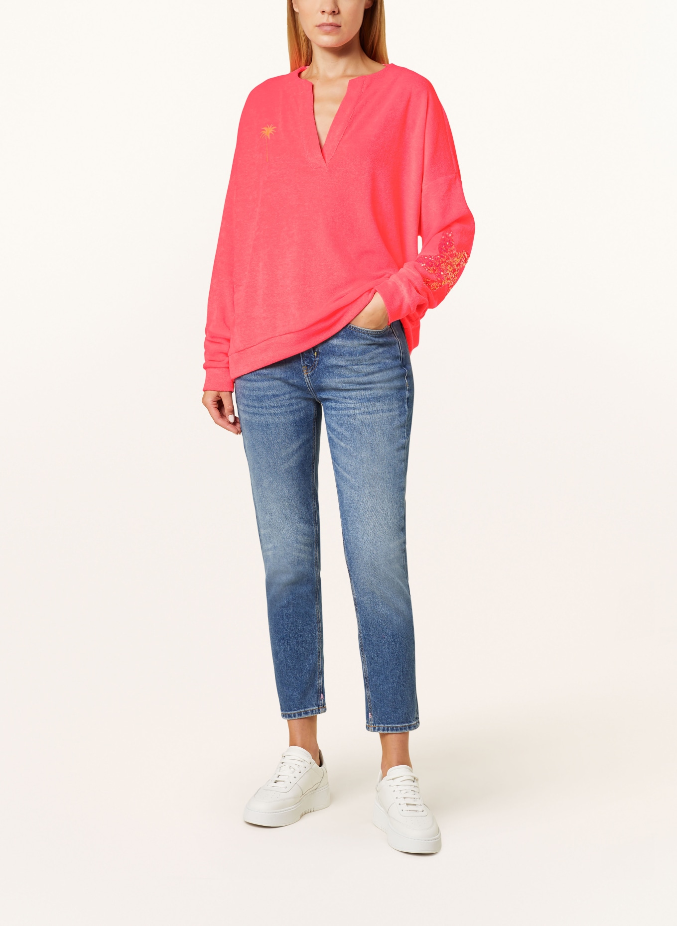 yippie hippie Long sleeve shirt made of terry cloth with sequins, Color: NEON PINK (Image 2)