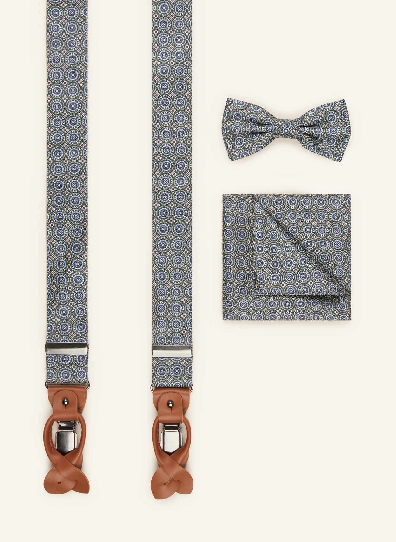 Prince BOWTIE Set: Suspenders, bow tie and pocket square, Color: GREEN/ BLUE/ LIGHT PINK (Image 1)