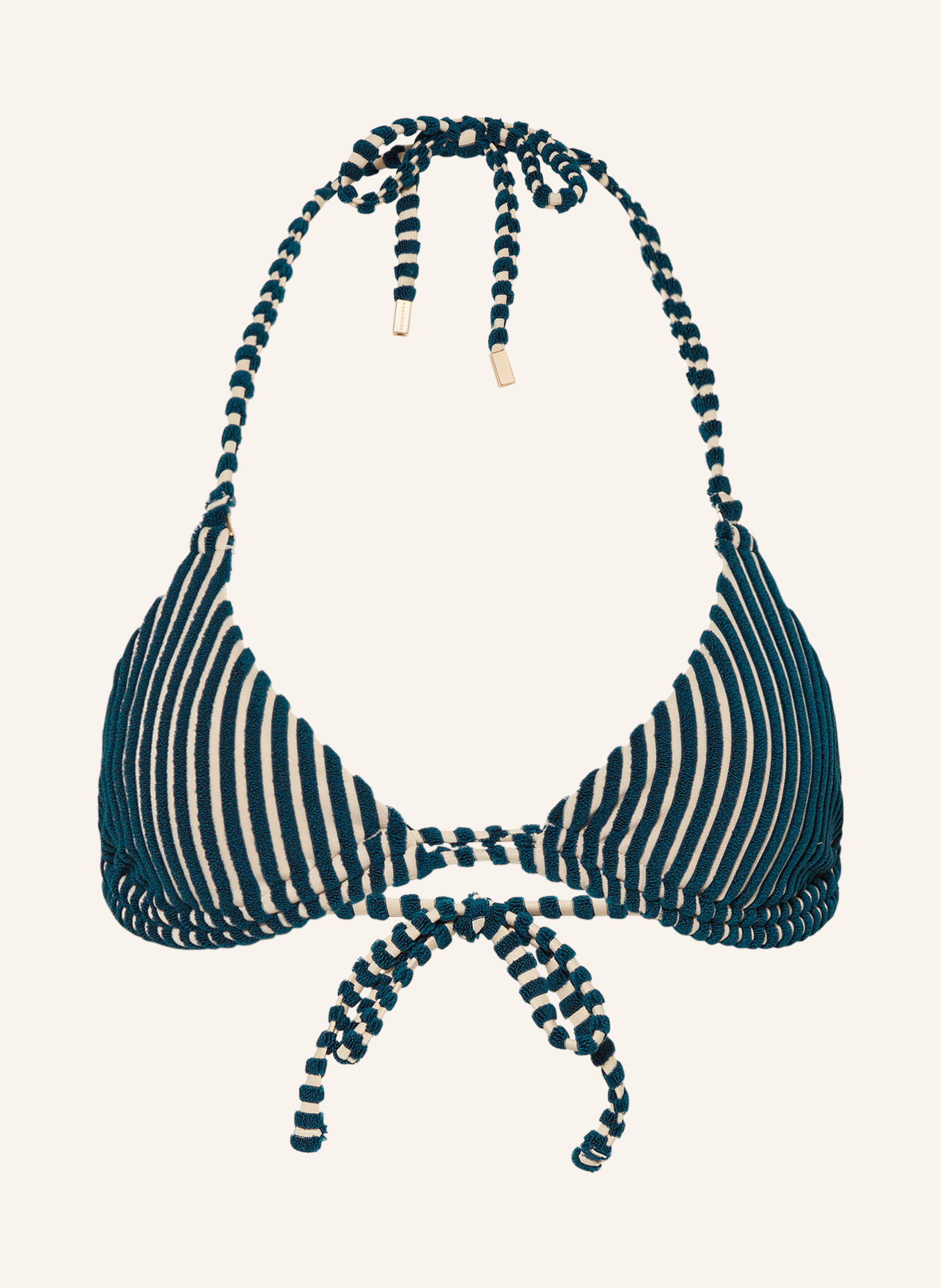 BEACHLIFE Triangle bikini top KNITTED STRIPE, Color: BEIGE/ TEAL (Image 1)