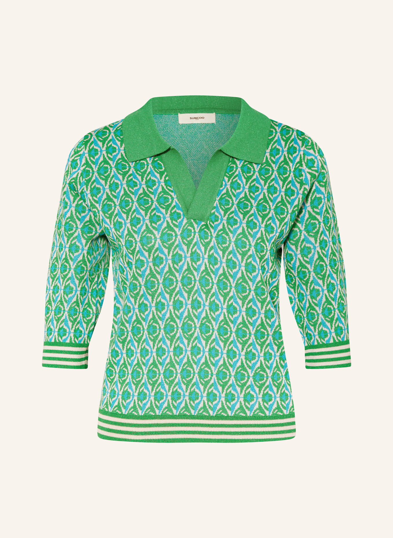 SUNCOO Knitted polo shirt PALVA, Color: GREEN/ BLUE/ CREAM (Image 1)
