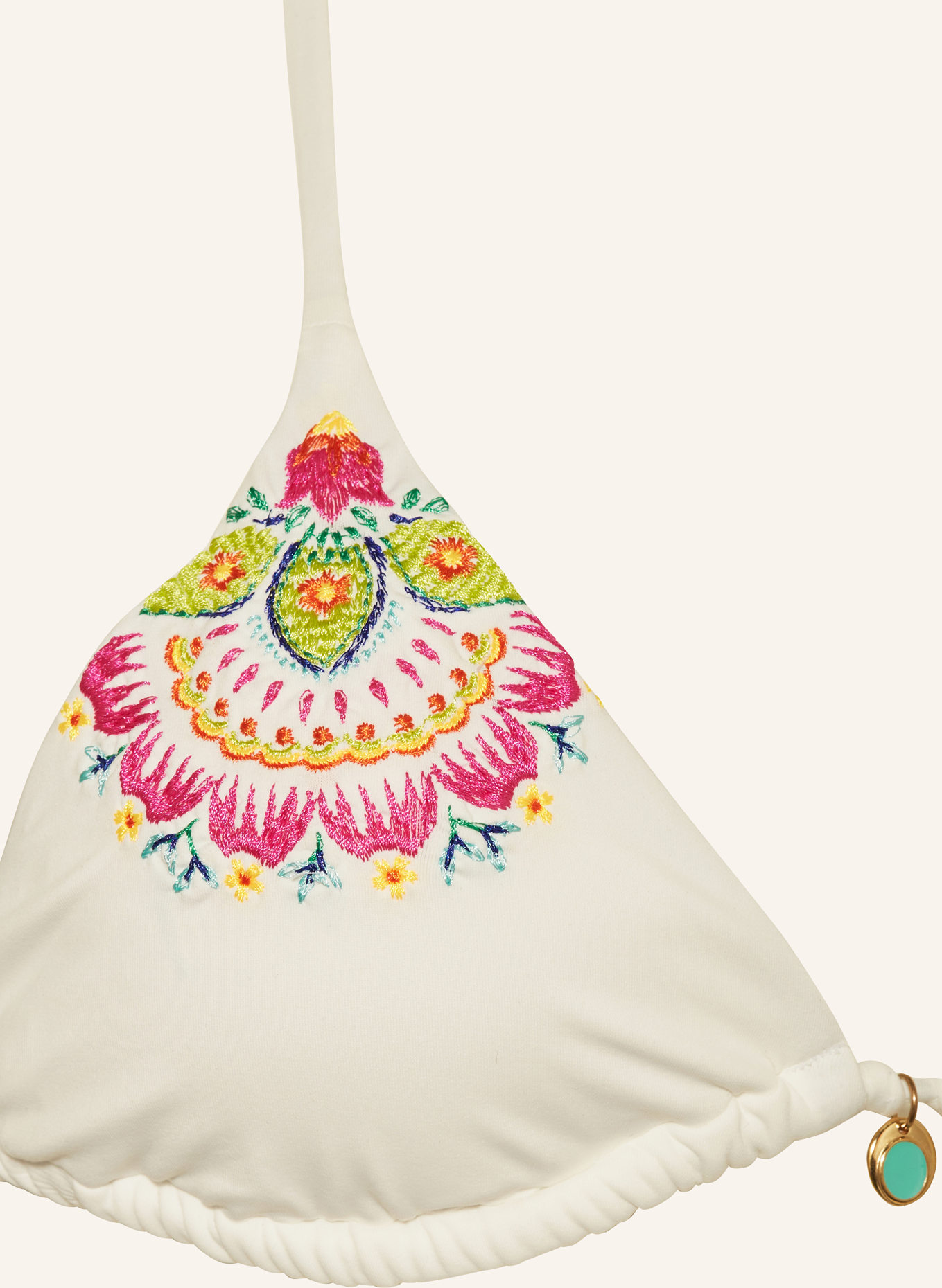 BANANA MOON COUTURE Triangle bikini top ALAKURI JOTRAO with embroidery, Color: ECRU/ PINK/ LIGHT GREEN (Image 3)