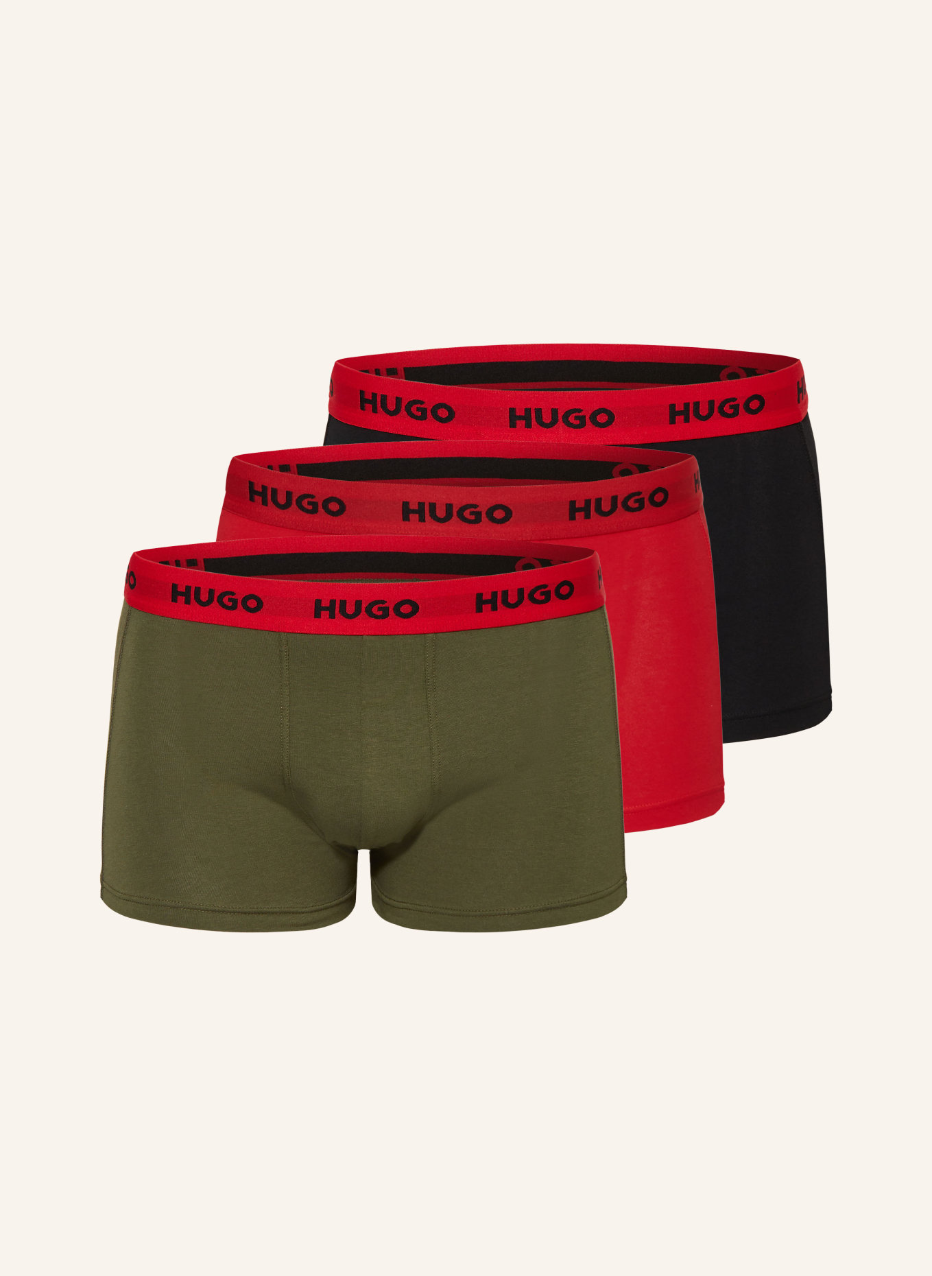 HUGO 3er-Pack Boxershorts, Farbe: ROT/ KHAKI/ SCHWARZ (Bild 1)