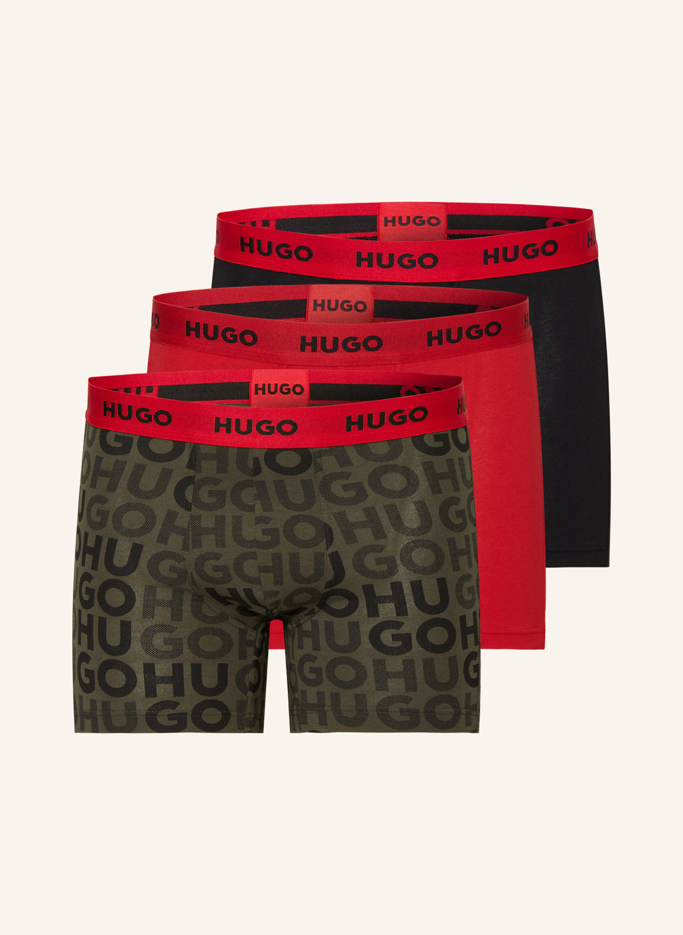 HUGO 3er-Pack Boxershorts, Farbe: ROT/ SCHWARZ/ KHAKI (Bild 1)