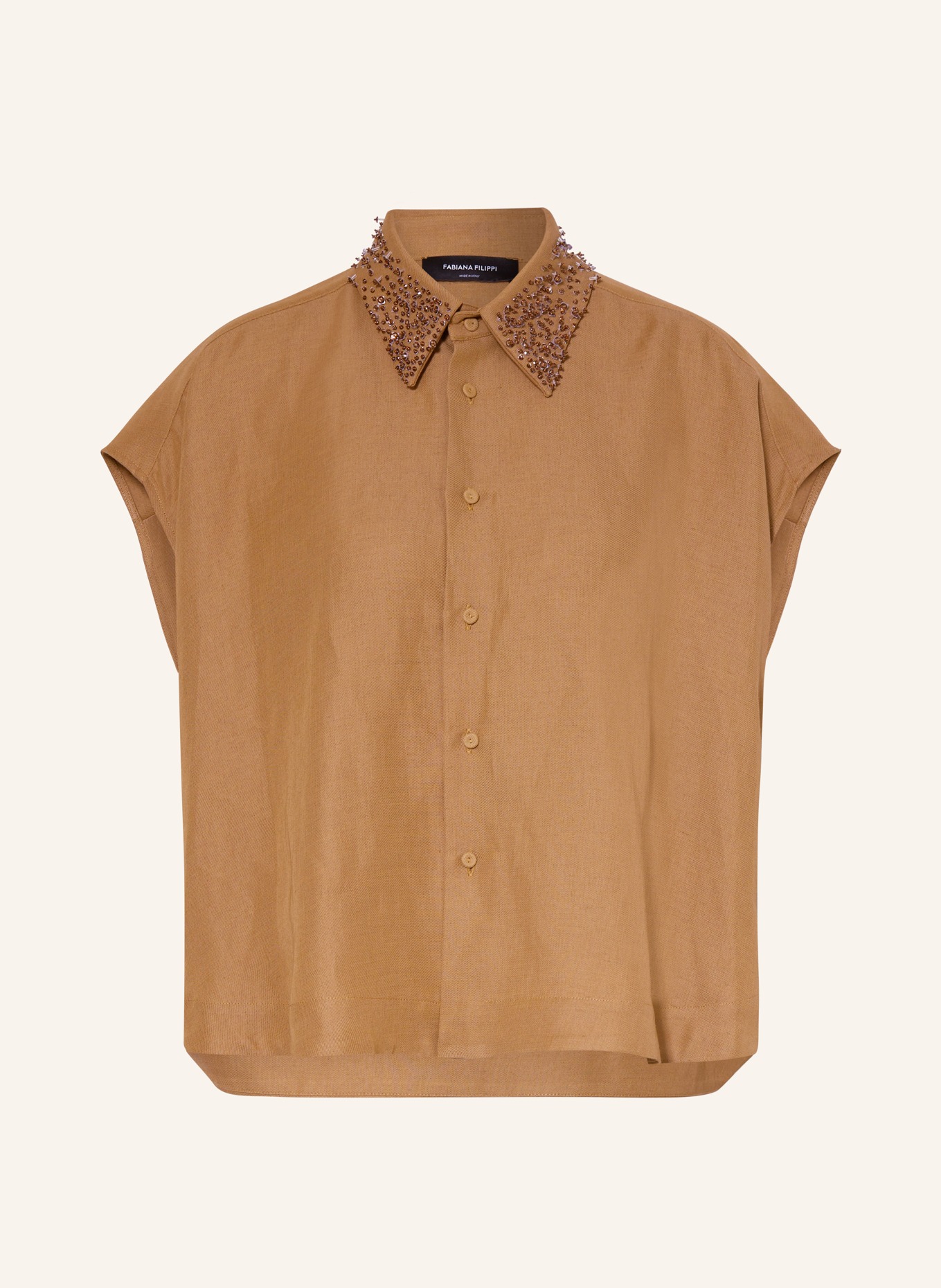 FABIANA FILIPPI Shirt blouse with linen and decorative gems, Color: LIGHT BROWN (Image 1)