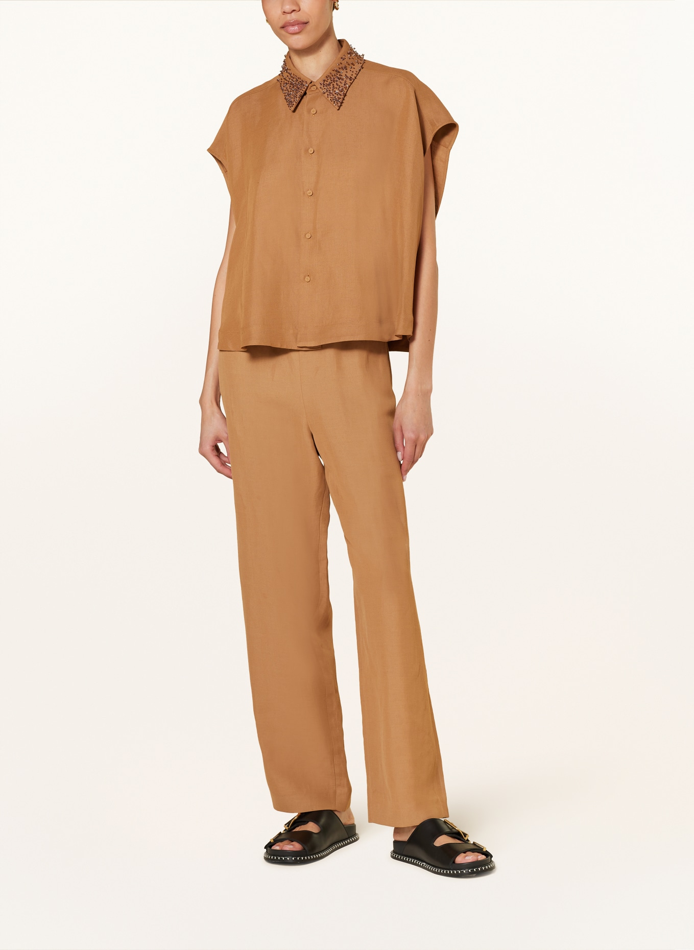 FABIANA FILIPPI Shirt blouse with linen and decorative gems, Color: LIGHT BROWN (Image 2)