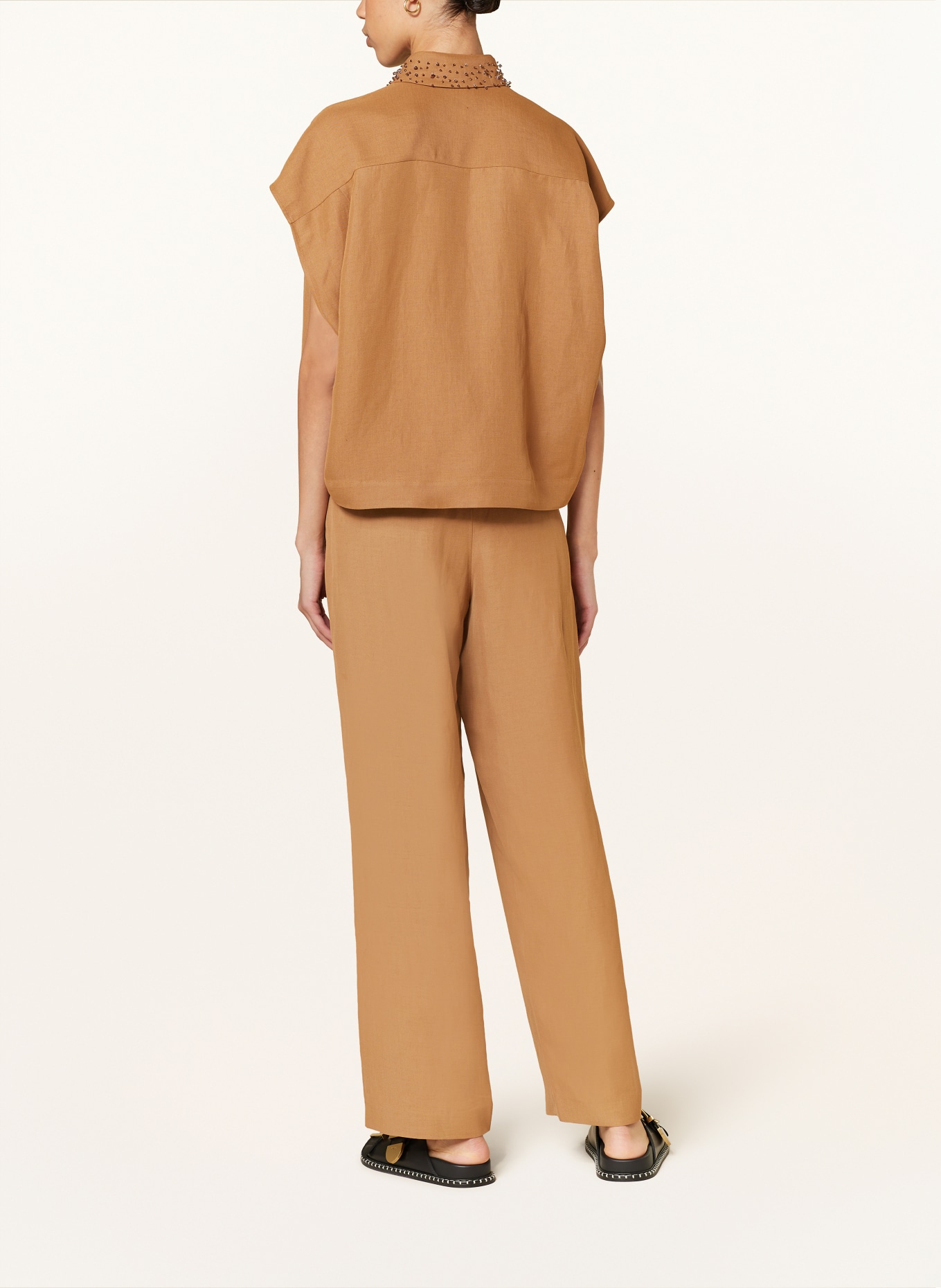 FABIANA FILIPPI Shirt blouse with linen and decorative gems, Color: LIGHT BROWN (Image 3)