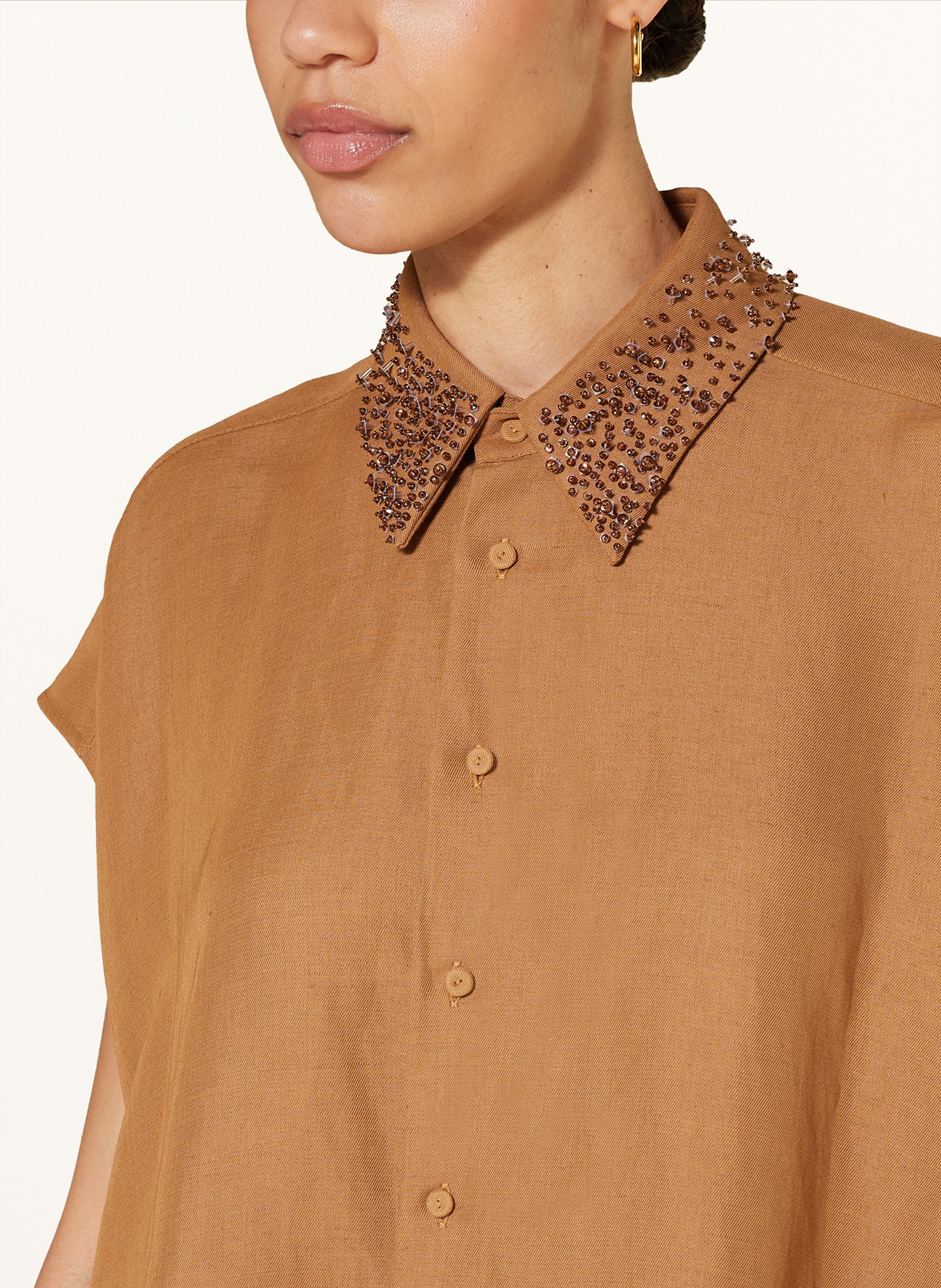 FABIANA FILIPPI Shirt blouse with linen and decorative gems, Color: LIGHT BROWN (Image 4)