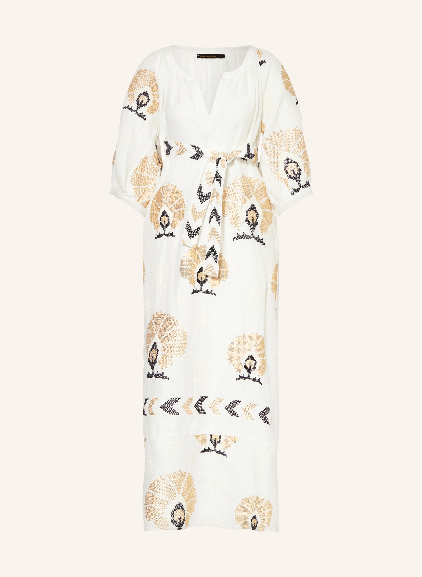 Greek Archaic Kori Beach dress MINI PEACOCKS in linen with 3/4 sleeves, Color: WHITE/ GOLD/ BLACK (Image 1)
