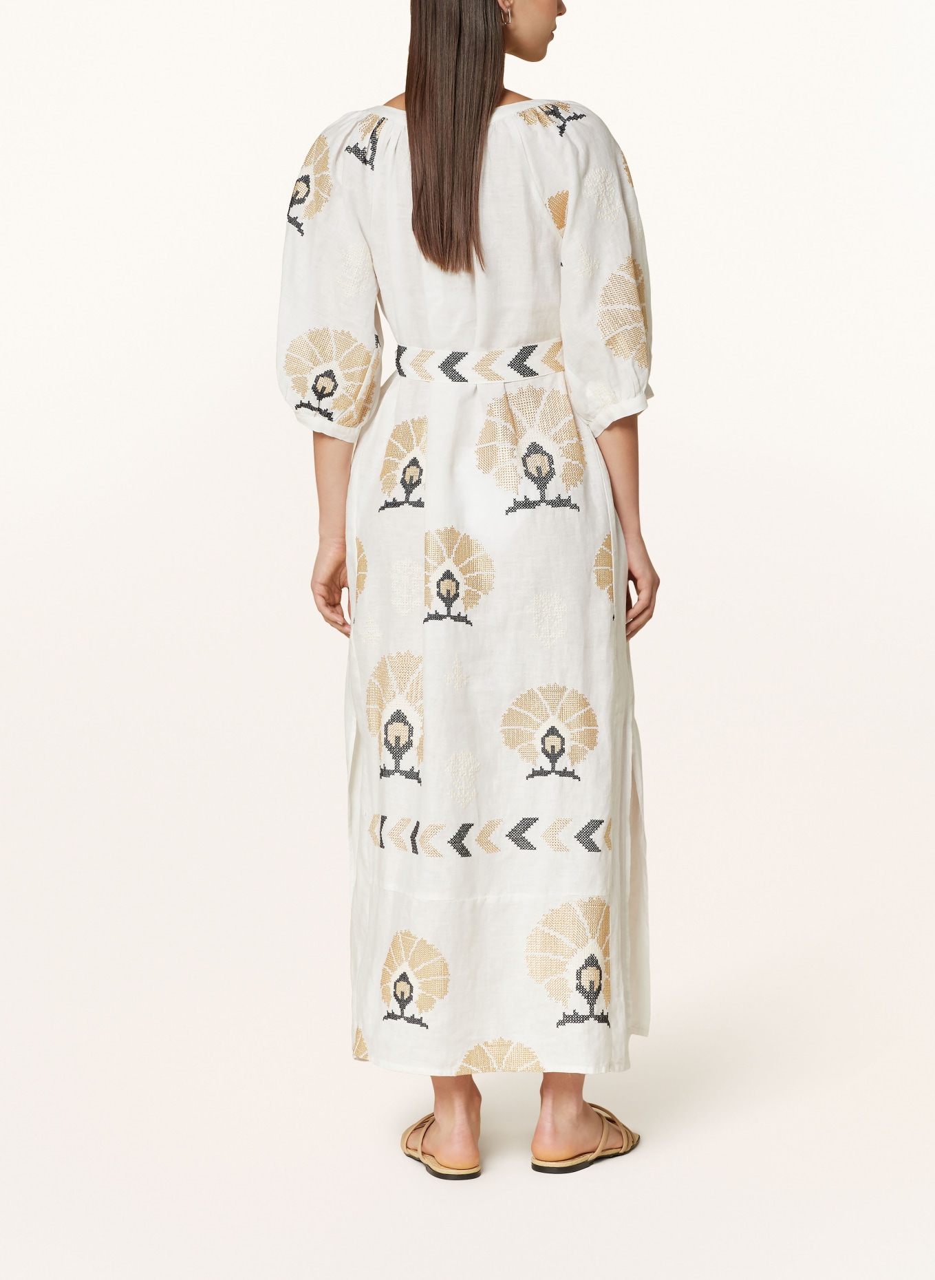 Greek Archaic Kori Beach dress MINI PEACOCKS in linen with 3/4 sleeves, Color: WHITE/ GOLD/ BLACK (Image 3)