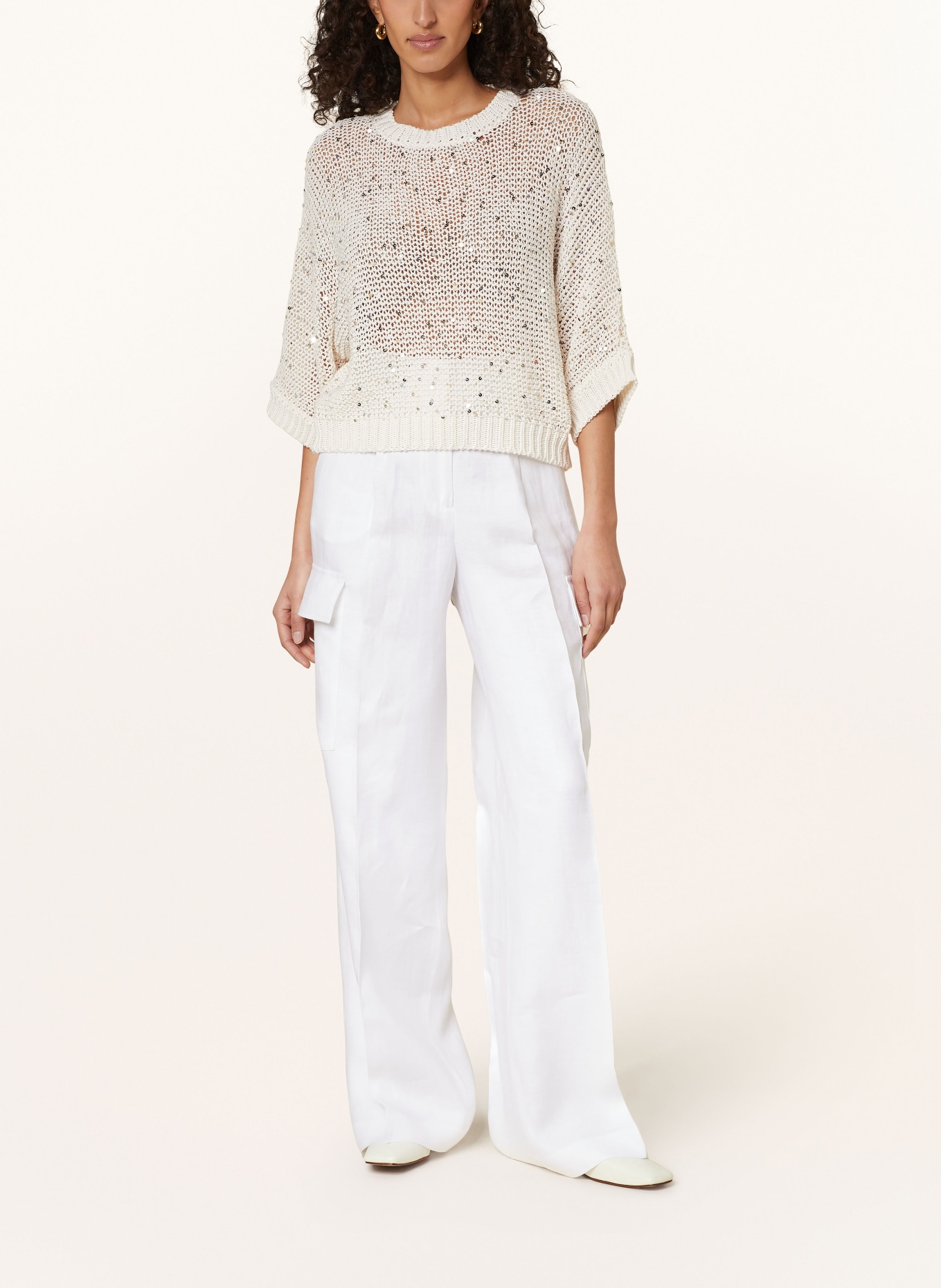 PESERICO Sweater with 3/4 sleeve and sequins, Color: WHITE (Image 2)