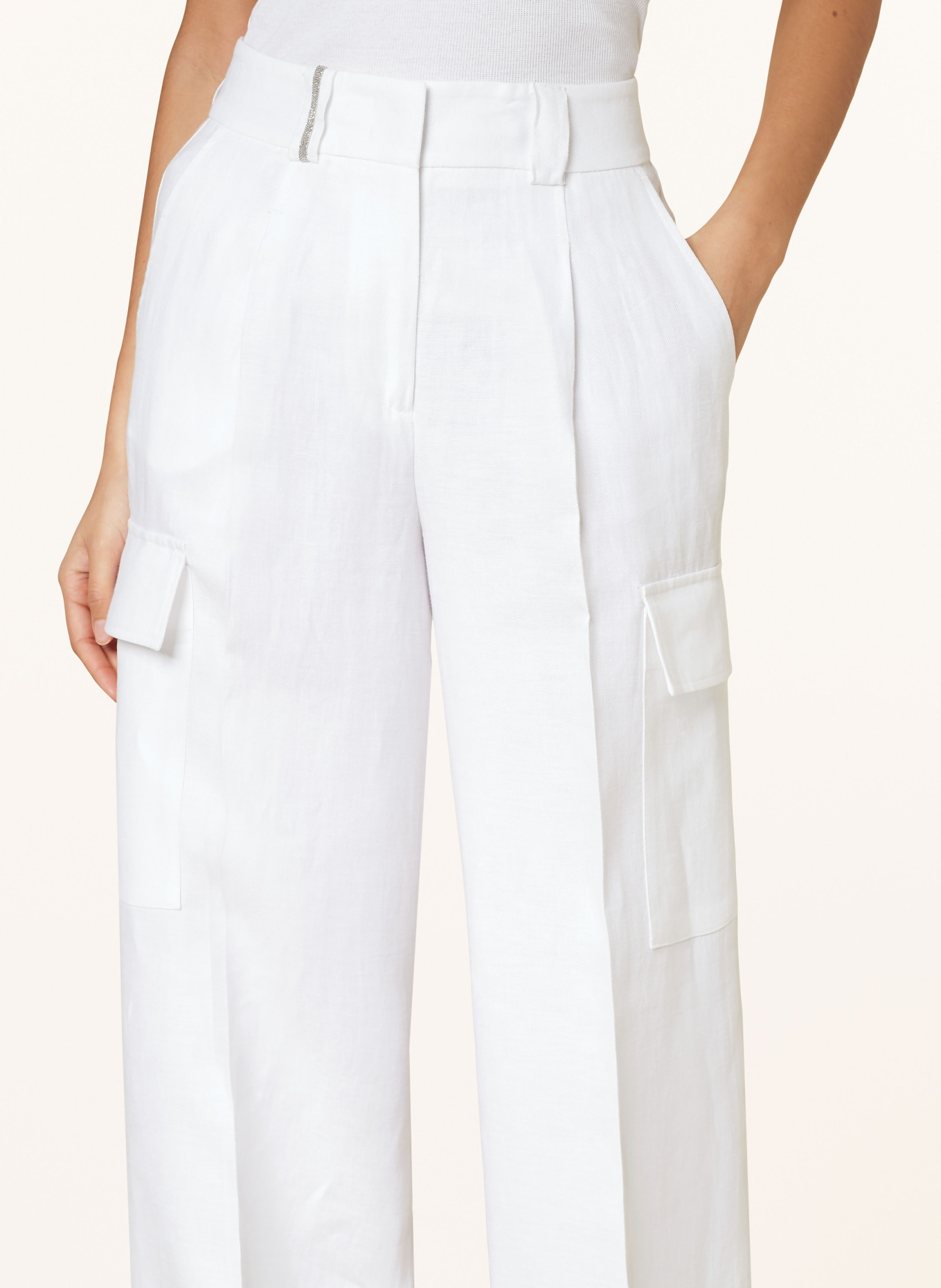 PESERICO Linen cargo pants with decorative gems, Color: WHITE (Image 5)