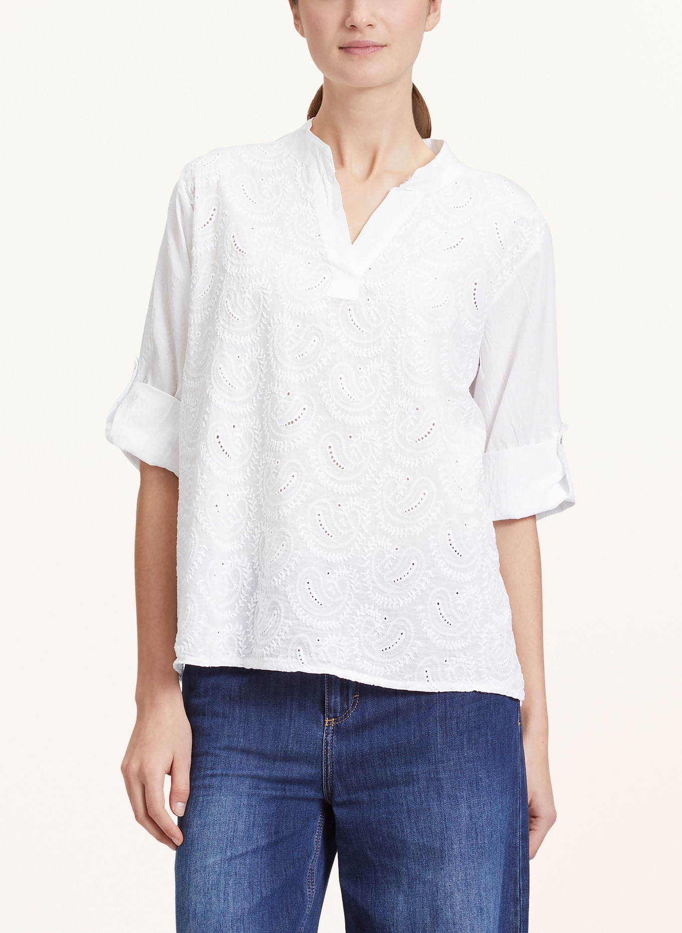 CARTOON Shirt blouse with 3/4 sleeves and broderie anglaise, Color: WHITE (Image 2)