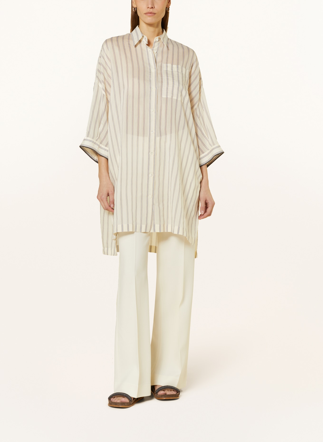 BRUNELLO CUCINELLI Oversized shirt blouse with 3/4 sleeves, Color: LIGHT YELLOW/ BEIGE/ BLACK (Image 2)