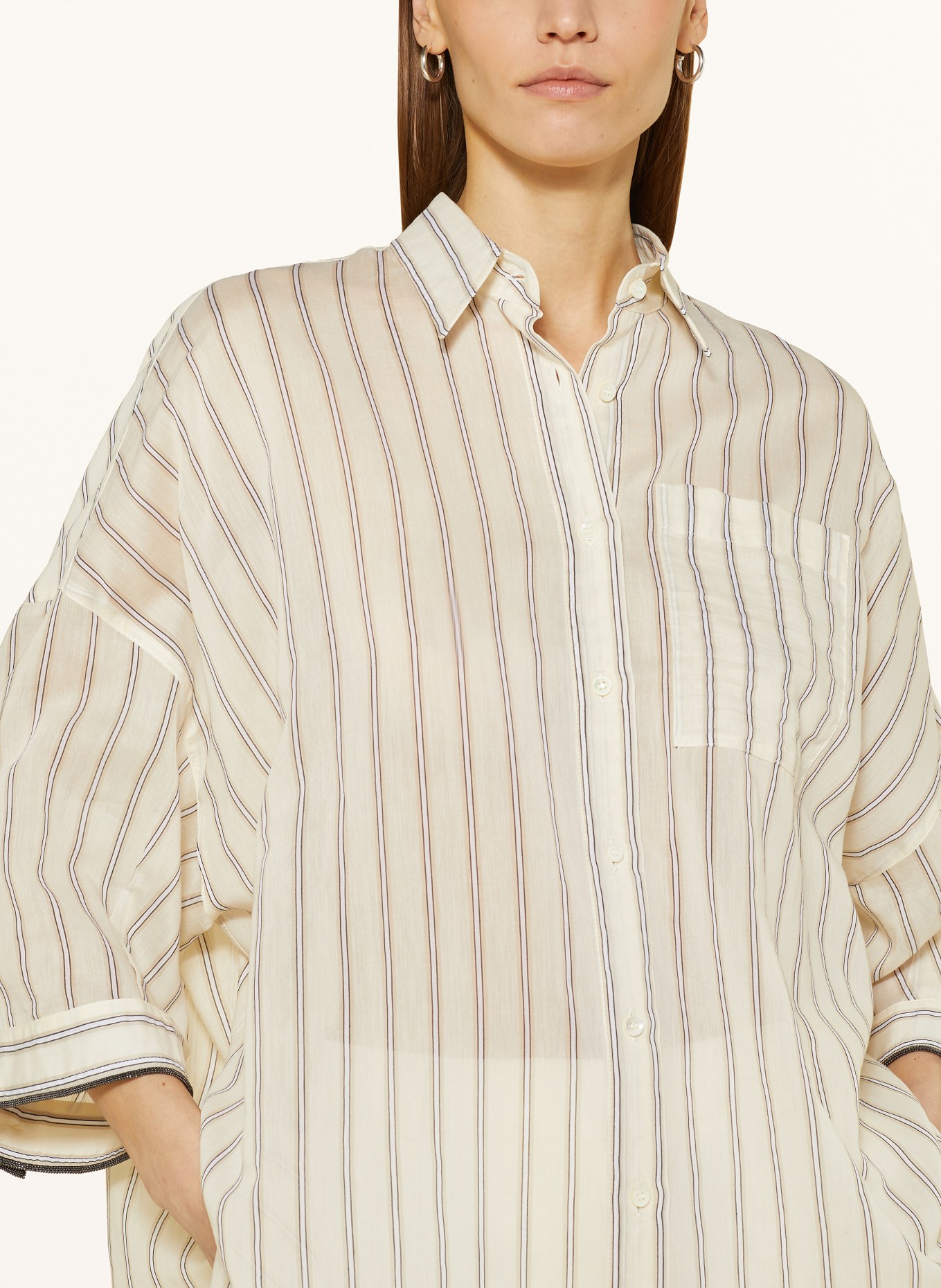 BRUNELLO CUCINELLI Oversized shirt blouse with 3/4 sleeves, Color: LIGHT YELLOW/ BEIGE/ BLACK (Image 4)