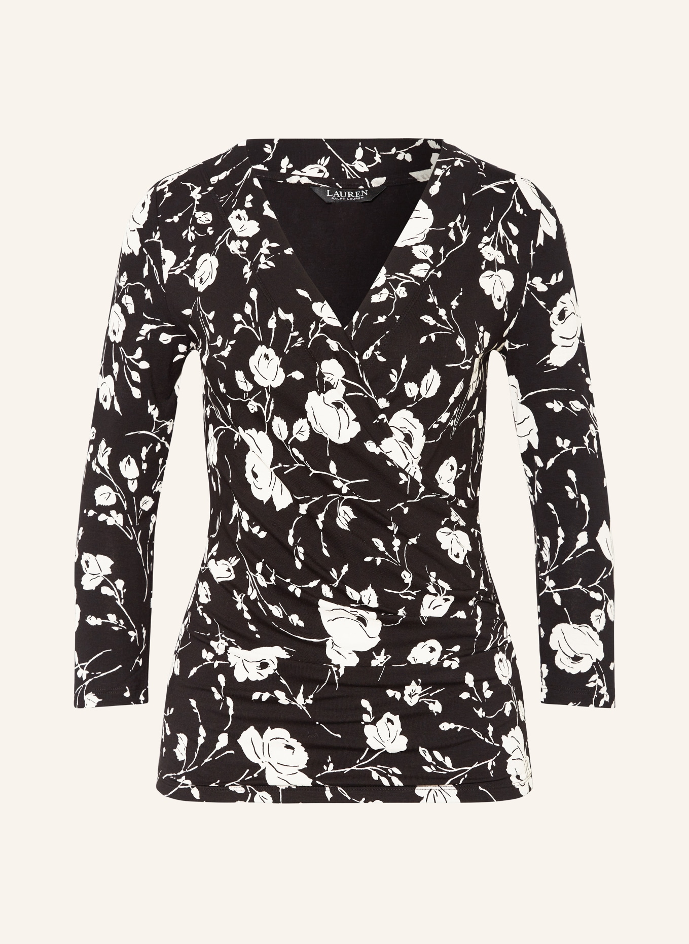 LAUREN RALPH LAUREN Shirt RAYON in wrap look with 3/4 sleeves, Color: BLACK/ CREAM (Image 1)