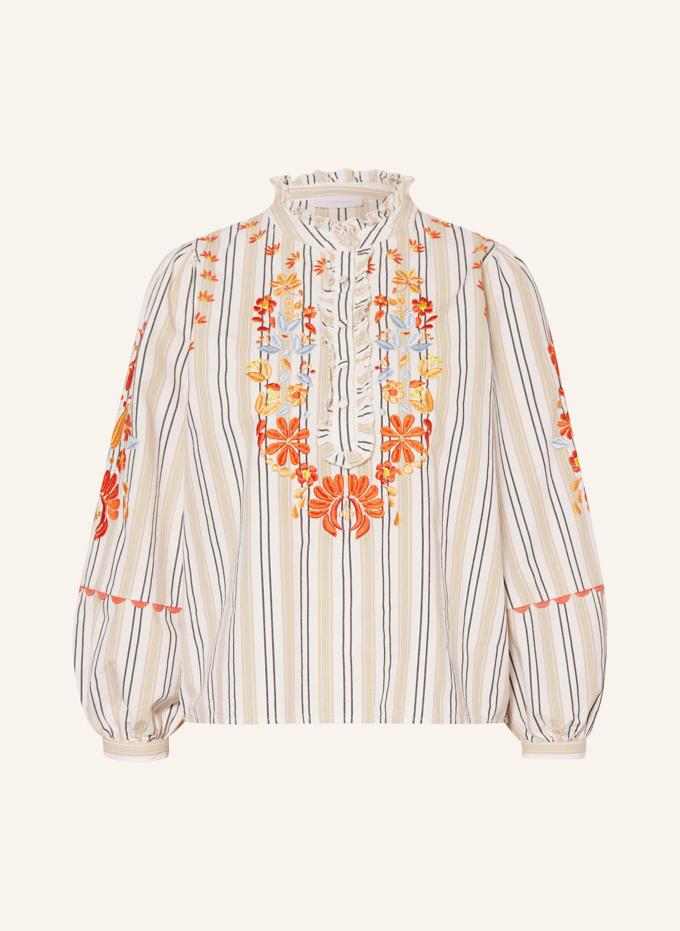 rich&royal Shirt blouse with 3/4 sleeves and ruffles, Color: CREAM/ LIGHT BLUE/ ORANGE (Image 1)