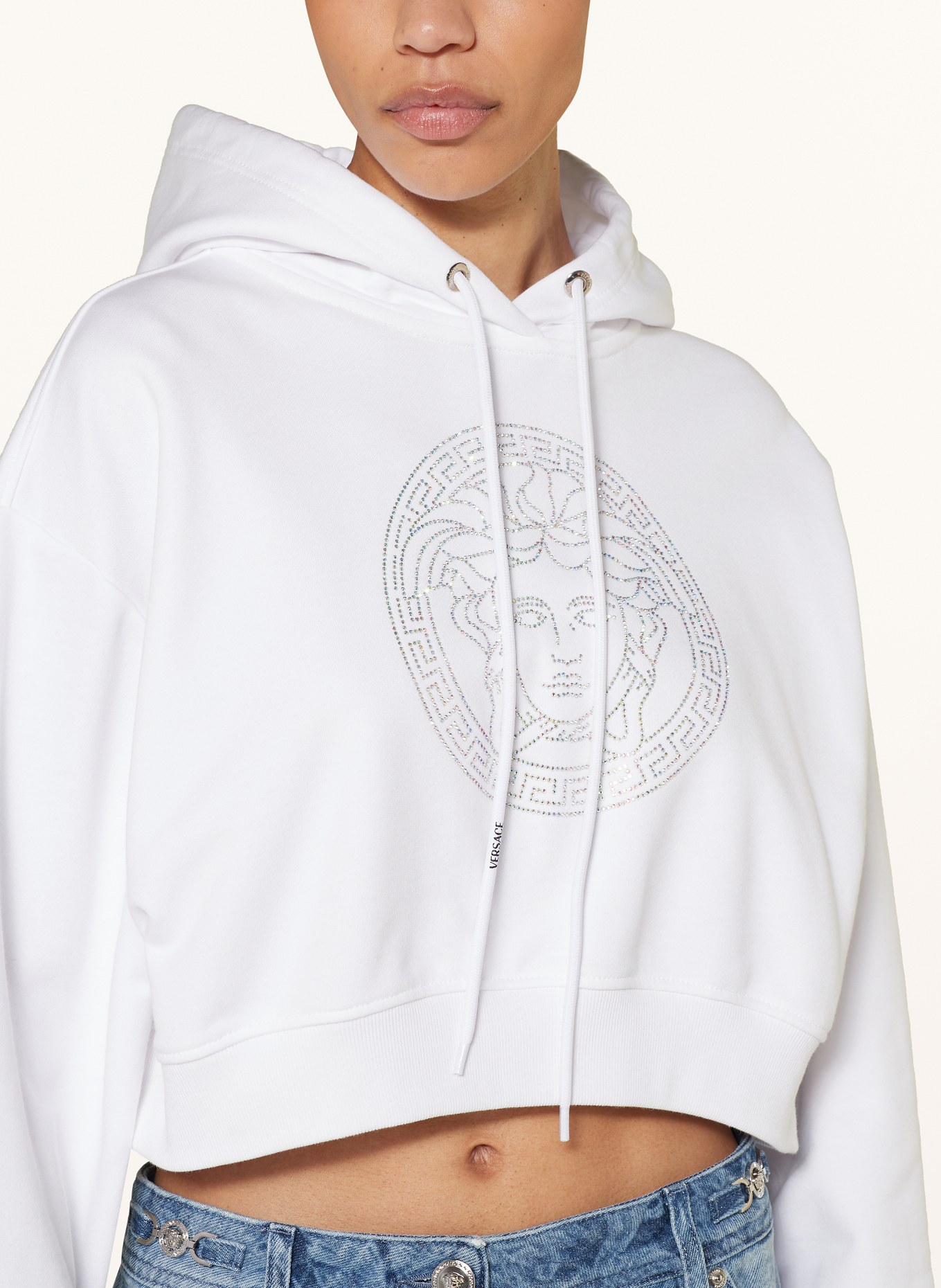 VERSACE Cropped hoodie with decorative gems, Color: WHITE (Image 5)