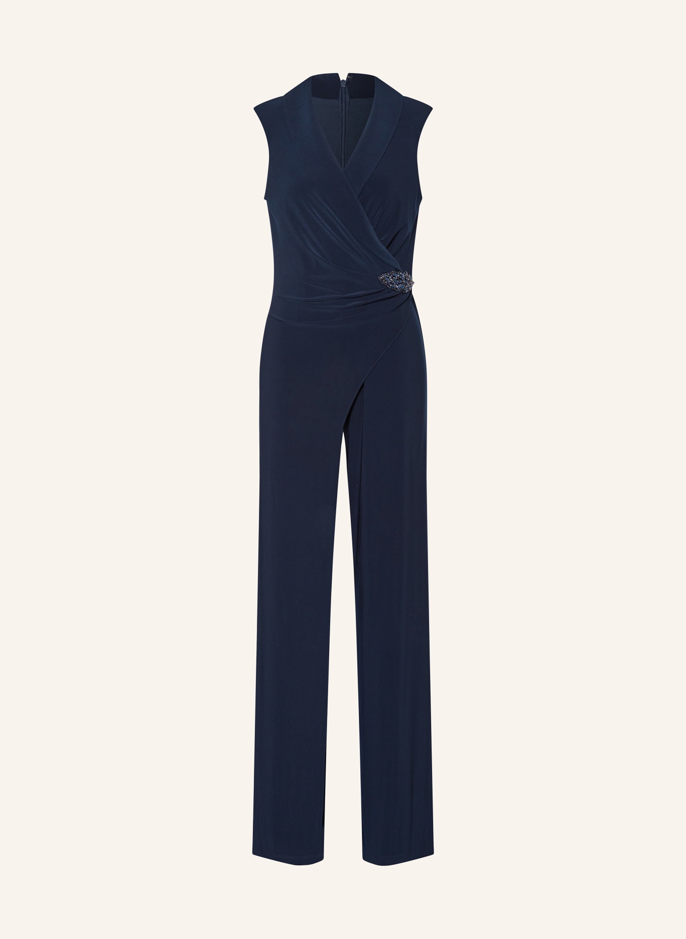 ADRIANNA PAPELL Jersey-Jumpsuit mit Schmucksteinen in Wickeloptik, Farbe: DUNKELBLAU (Bild 1)