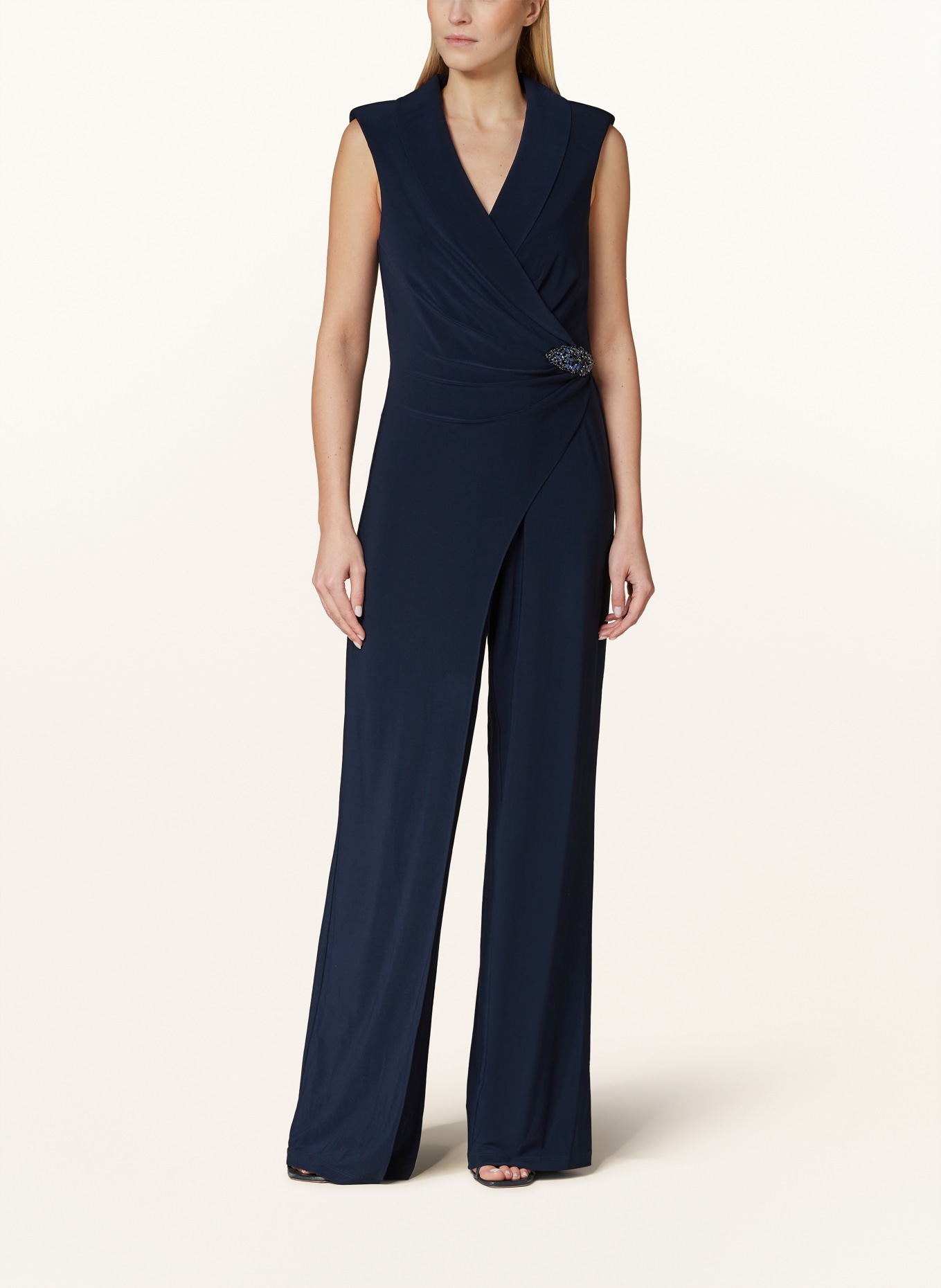 ADRIANNA PAPELL Jersey jumpsuit with decorative gems in wrap look, Color: DARK BLUE (Image 2)