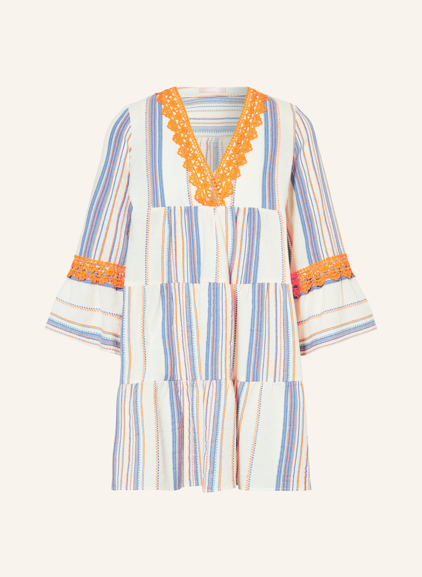 VALÉRIE KHALFON Dress NIGGY with 3/4 sleeves and lace, Color: BLUE/ ORANGE/ CREAM (Image 1)