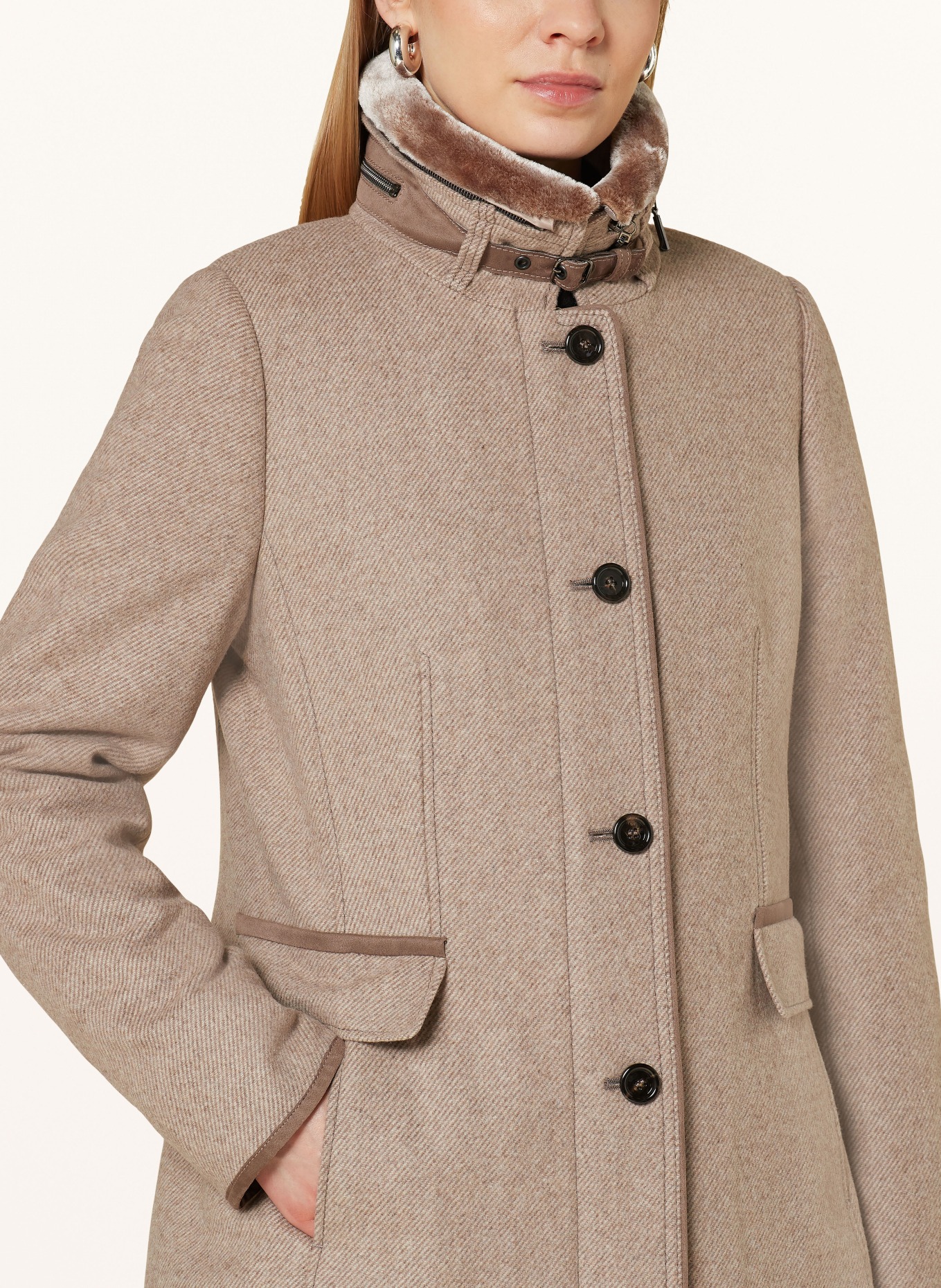 GIL BRET Wollmantel mit abnehmbarem Kunstpelz: BEIGE