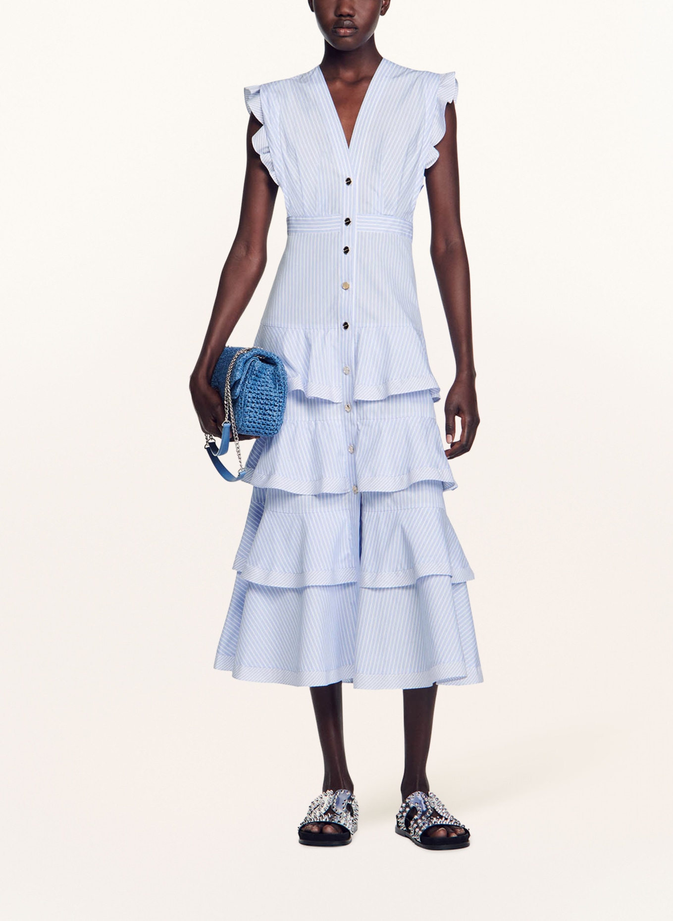 SANDRO Kleid mit Volants, Farbe: HELLBLAU/ WEISS (Bild 2)
