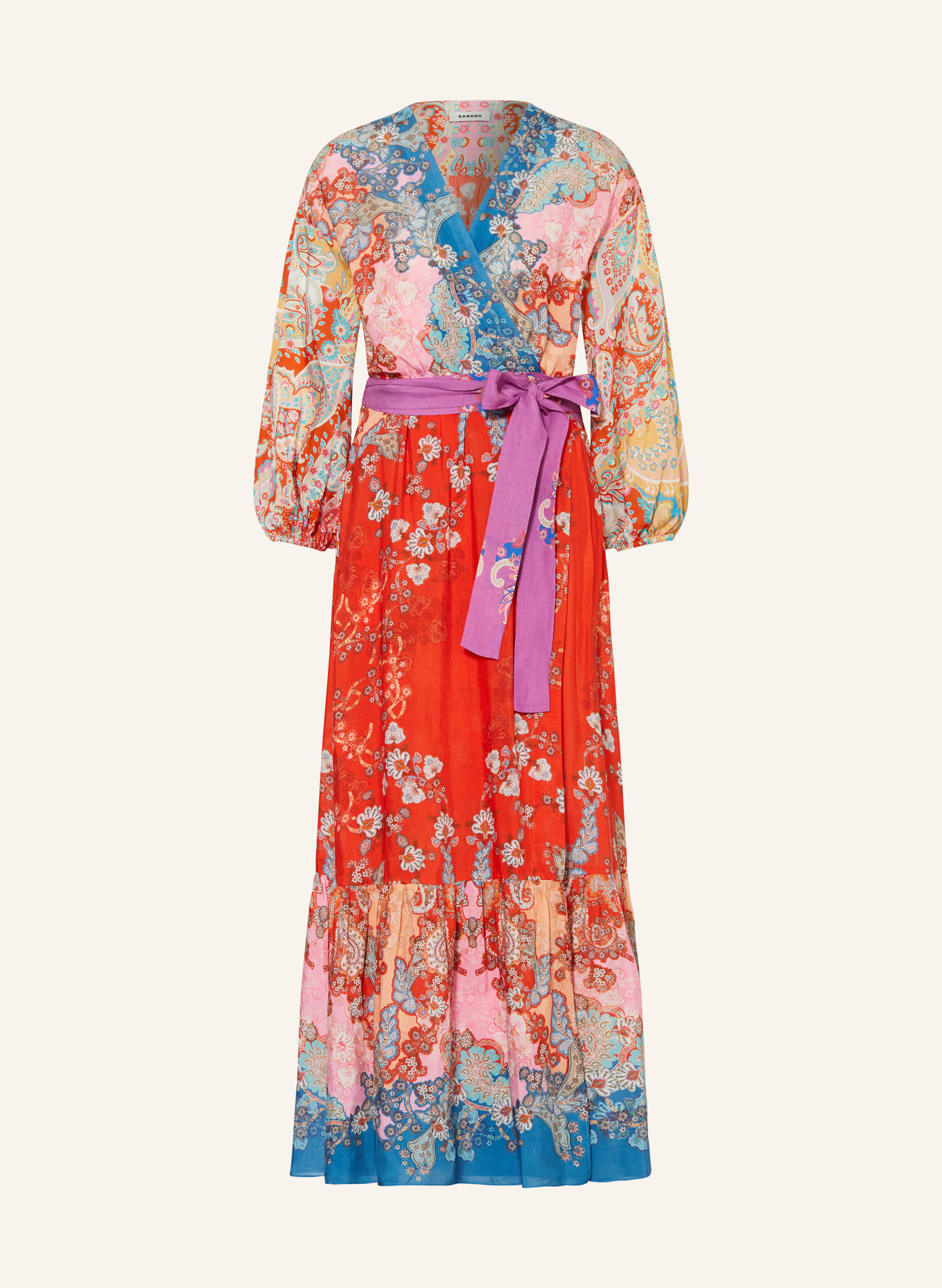 SANDRO Kleid in Wickeloptik mit Leinen, Farbe: ROT/ BLAU/ LILA (Bild 1)