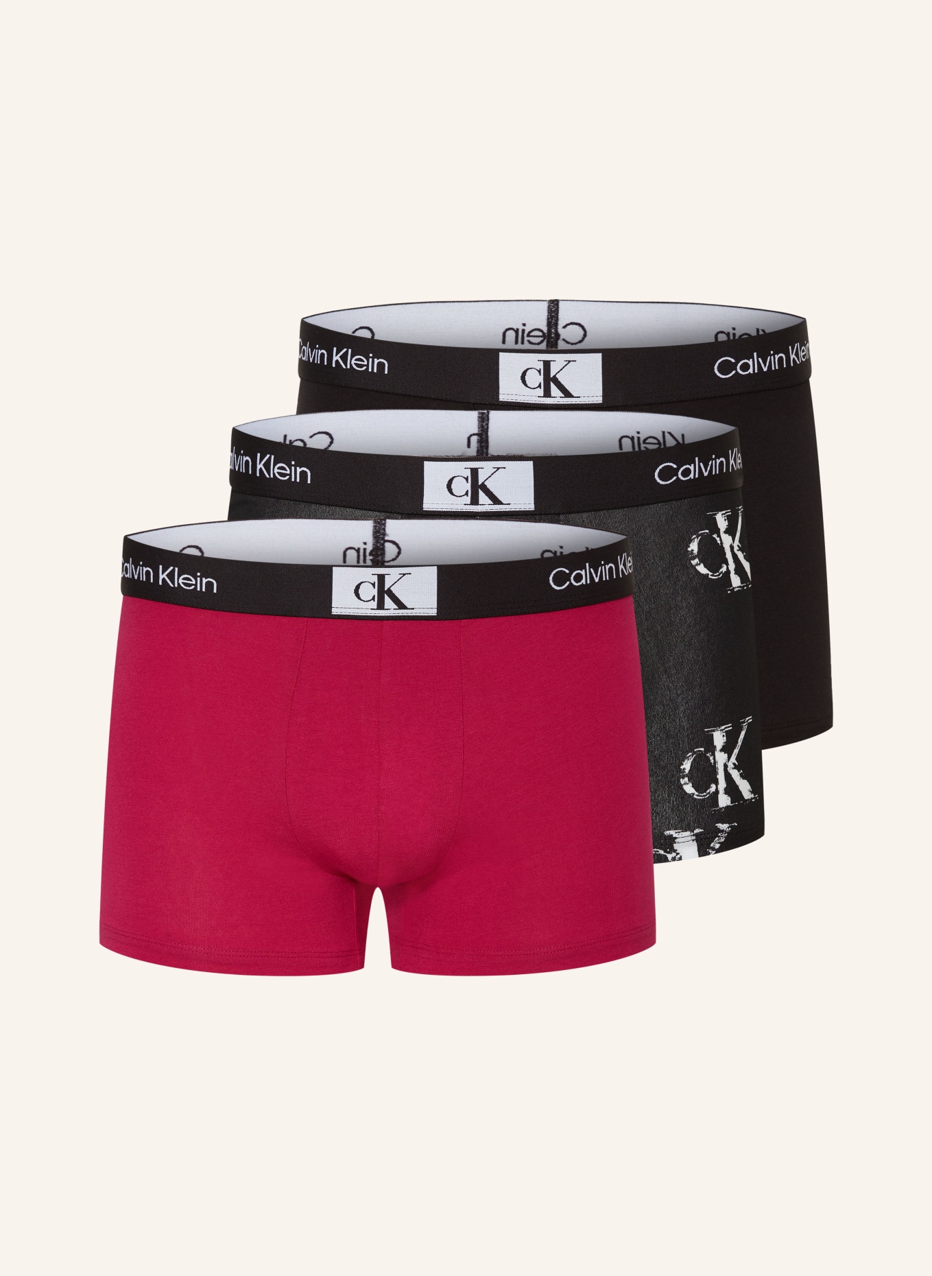 Calvin Klein 3er-Pack Boxershorts CK96: SCHWARZ / WEISS / FUCHSIA