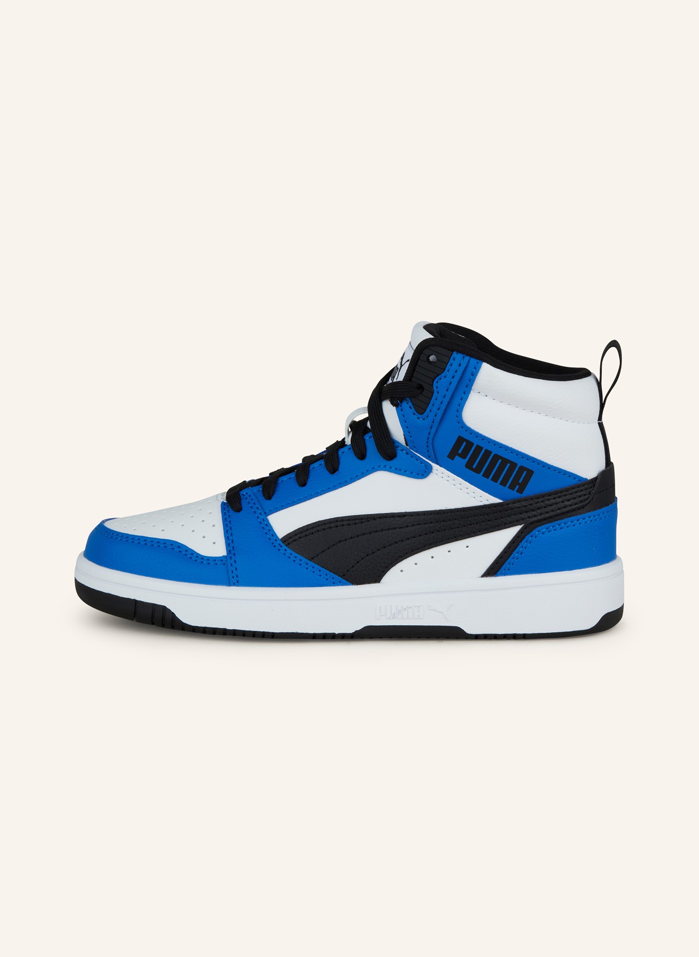 PUMA REBOUND V6 hightop sneaker: WHITE / BLUE / BLACK