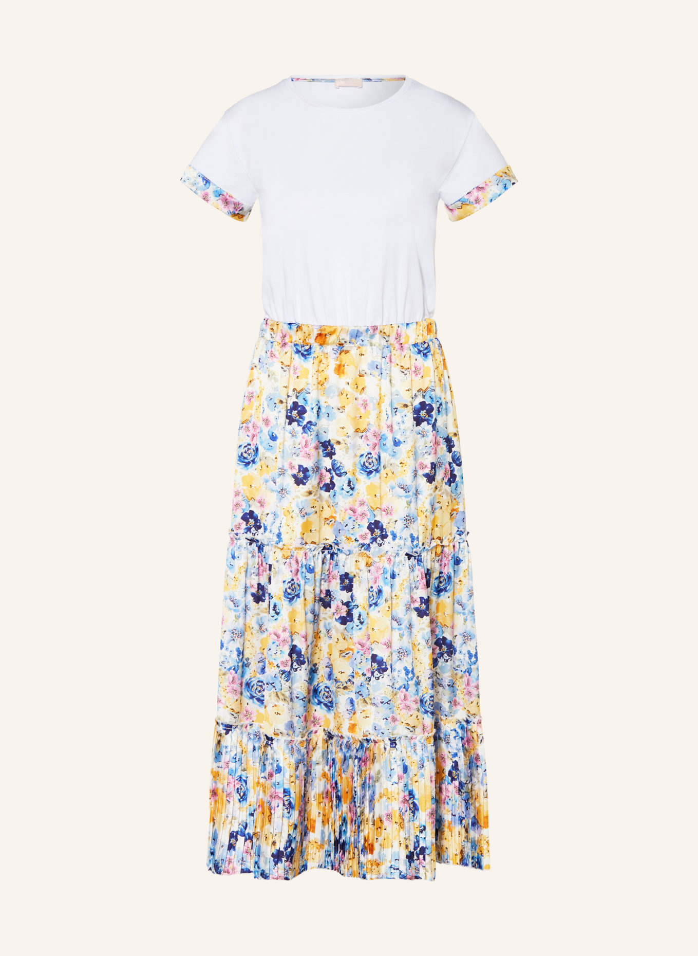 LIU JO Dress in mixed materials with pleats and frills, Color: WHITE/ YELLOW/ BLUE (Image 1)